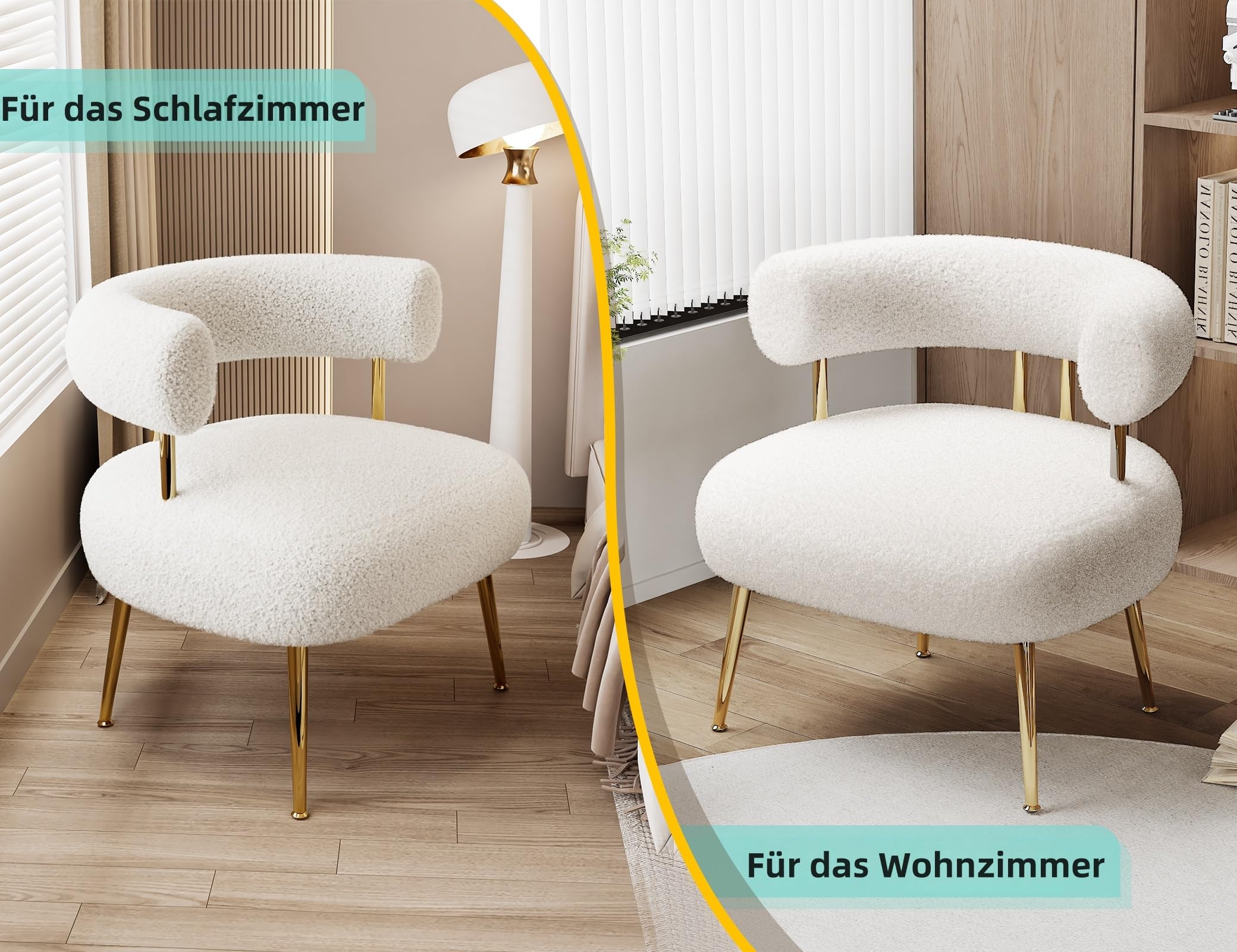 Teddy Sessel mit Sherpa-Bouclé, Polsterstuhl mit goldenen Metallfüßen, Loungesessel mit U-Rückenlehne, Akzentstuhl für Wohnzimmer, Schlafzimmer, Büro oder Schminktisch(Weiß)
