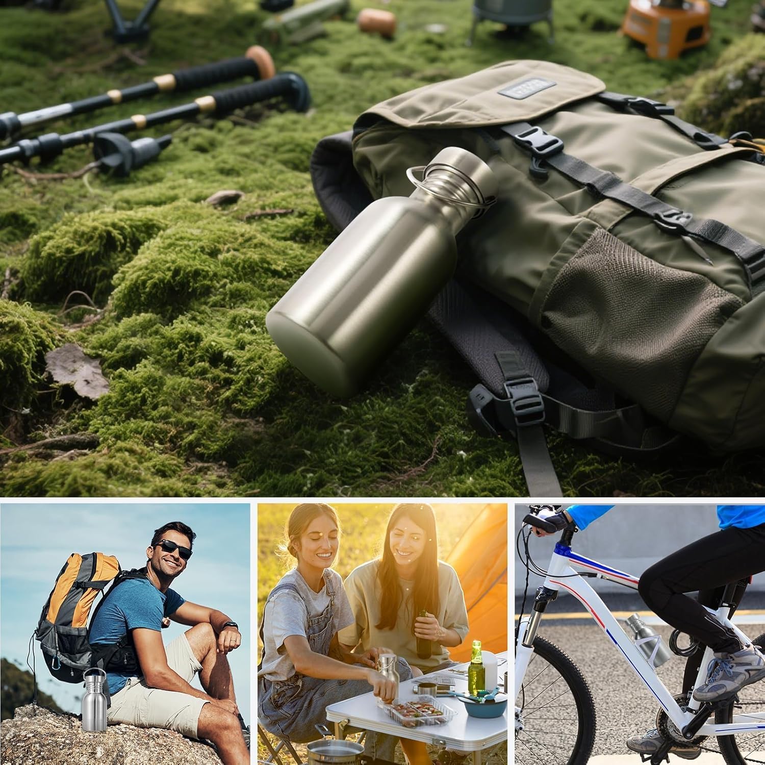 Volhoply 12oz Uninsulated Single Walled Water Bottle 4 Pack, Stainless Steel Reusable Water Bottles with Handle, BPA Free & Plastic Free 18/8 304 Metal Water Bottles for Camping, Hikers, Cyclists