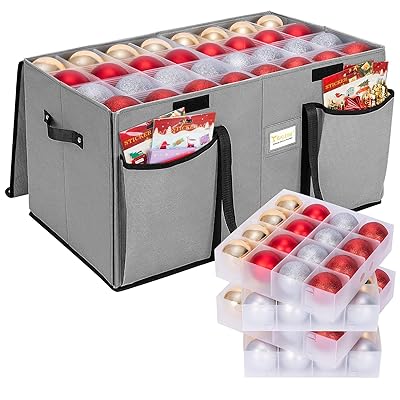 BALEINE Christmas Ornament Storage Box with Dividers, Premium Holiday Ornaments Storage Container Bin for Xmas Decorations (64 Ball, Red, Hard)