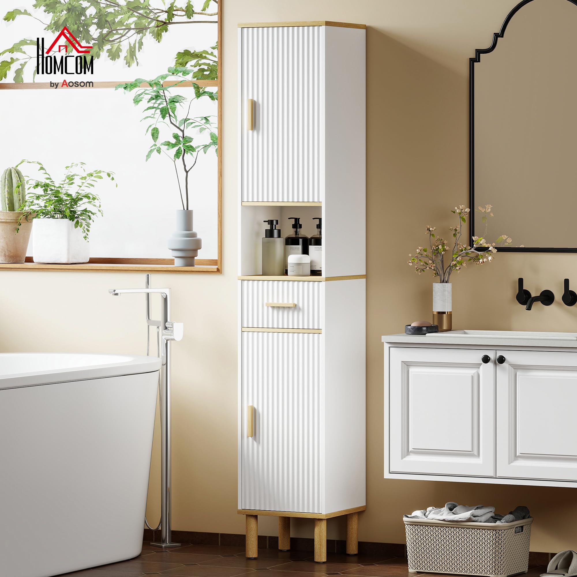 HOMCOM Armadietto Alto da Bagno 171.5 cm, Mobile da Bagno con Cassetto, Ripiani Regolabili e Vano Aperto, per Piccoli Spazi, Soggiorno, Ingresso, Bianco