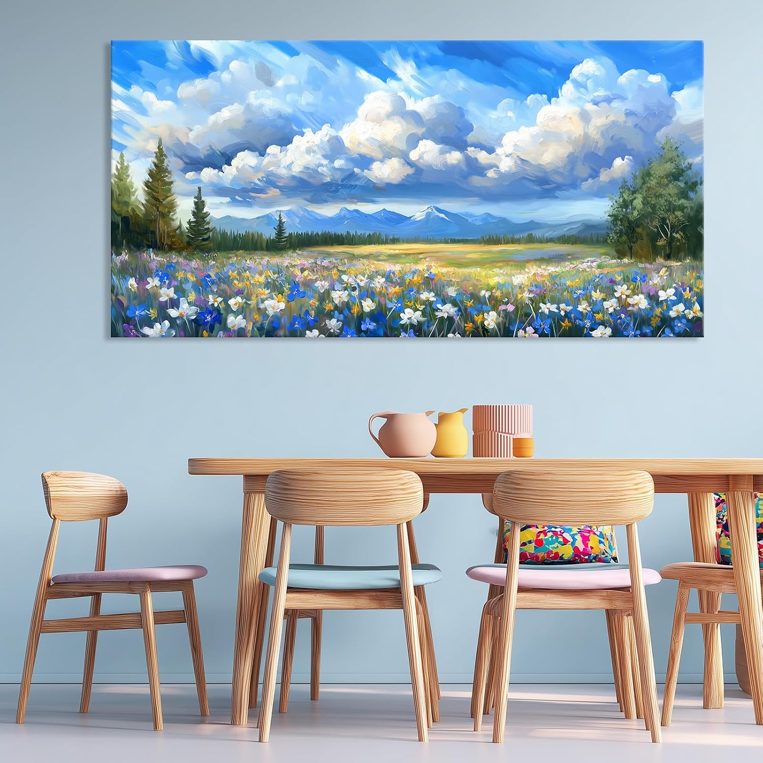 Mountain Wildflower Wall Art, Natural Landscape Wall Decor Painting Blue Sky White Cloud Scenery Picture for Living Room, Farmhouse Nature Colorful Flower Canvas Prints Artwork for Bedroom 12x24 inch