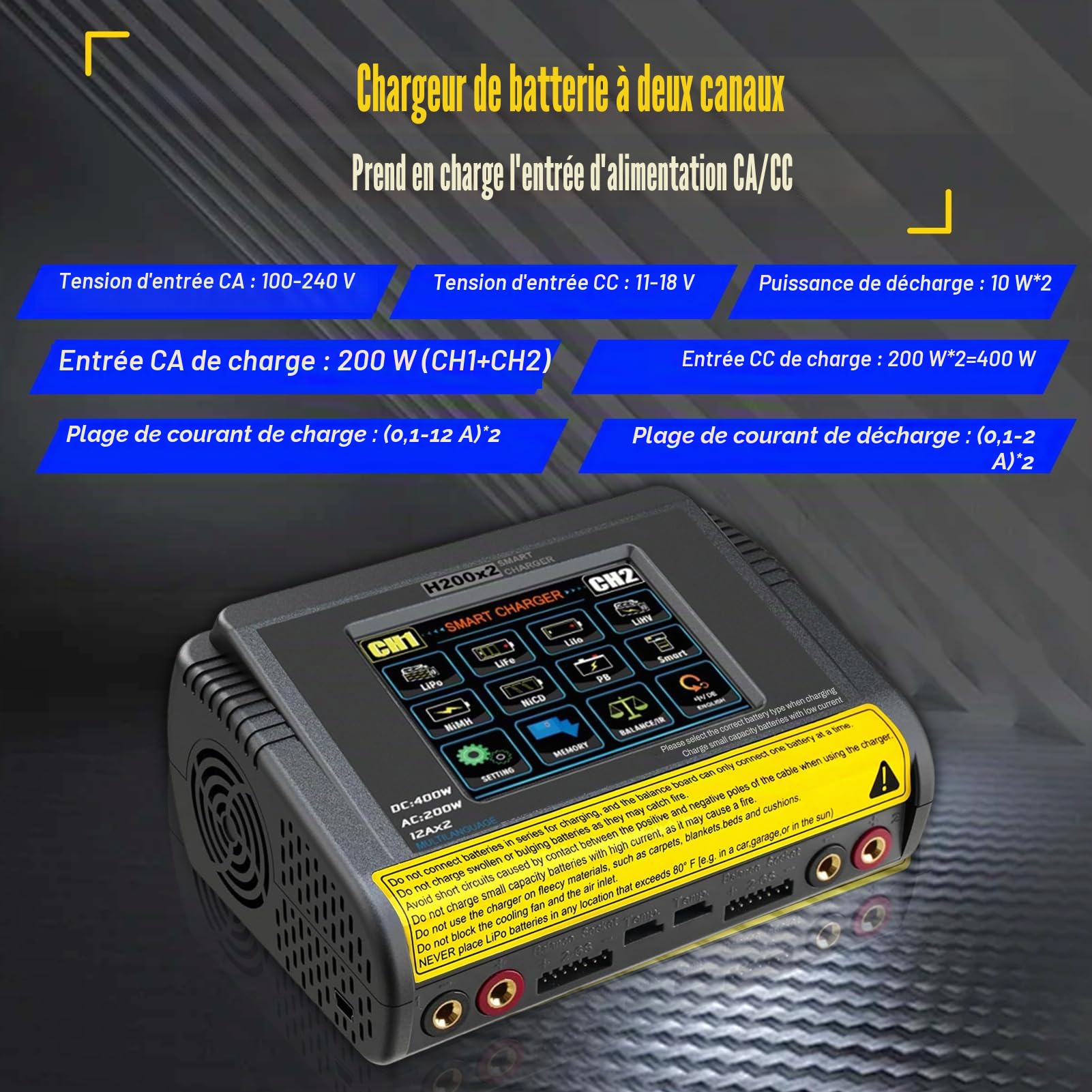 Chargeur lipo T400 AC200W/DC400W 12A, Chargeur Batterie lipo Double décharge 3,2 Pouces écran Tactile Couleur Chargeur lipo Balancer déchargeur pour LiPo/Lilon/Life/NiMH/NiCd/PB/NiMH