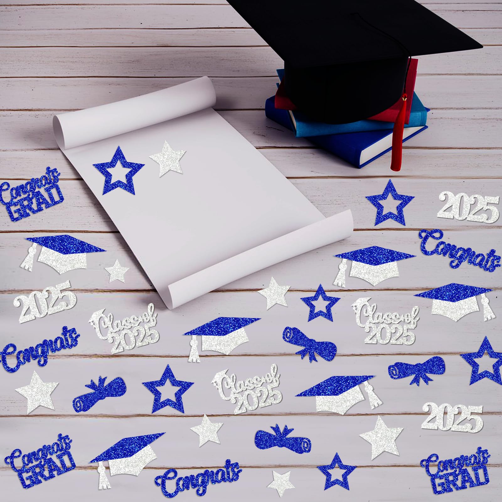 200Pcs Blue and Sliver Graduation Confetti 2025 Graduation Table Confetti 2025 Congrads Table Decorations Blue and Sliver Grad Class of 2025 Party Supplies