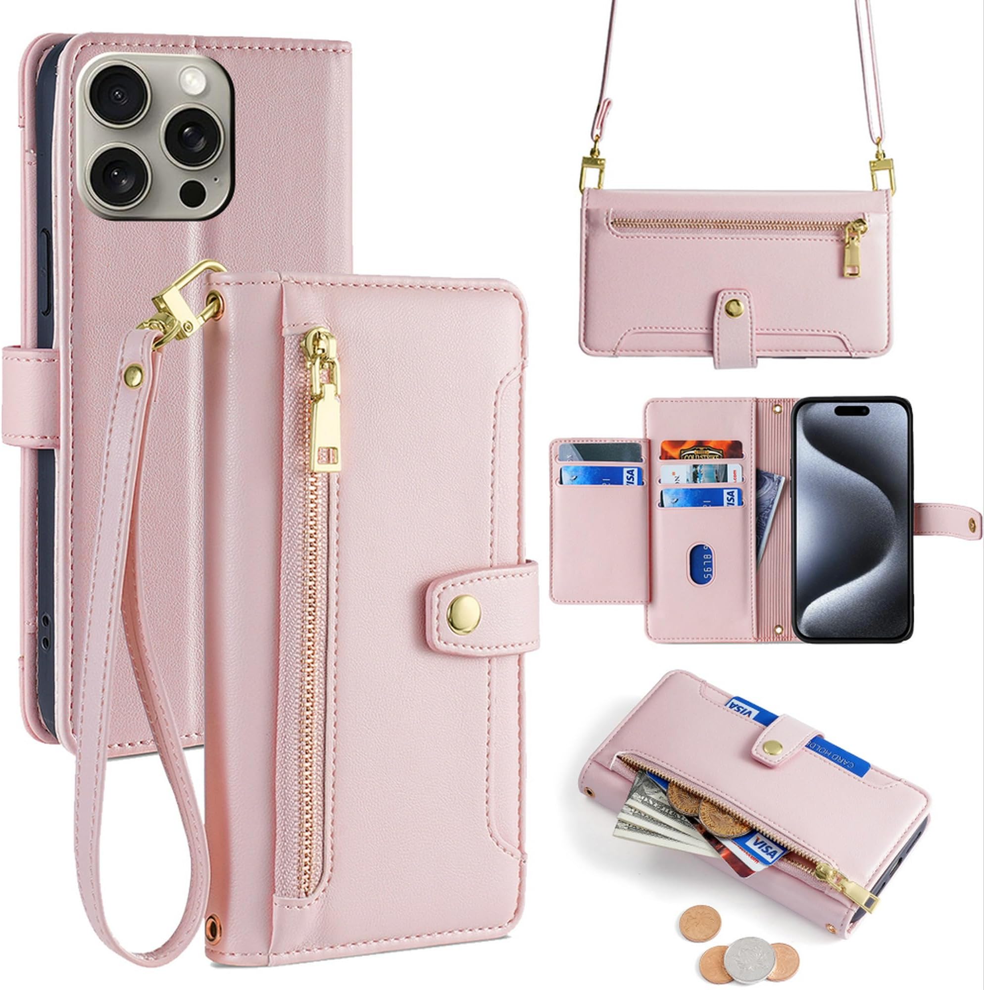 Compatible for Huawei P10 Plus Case,Compatible with Huawei P10 Plus Phone Case Cover [6 Card Slots + 1 Money Clip + 1 Wallet] yHMGK8-Pink