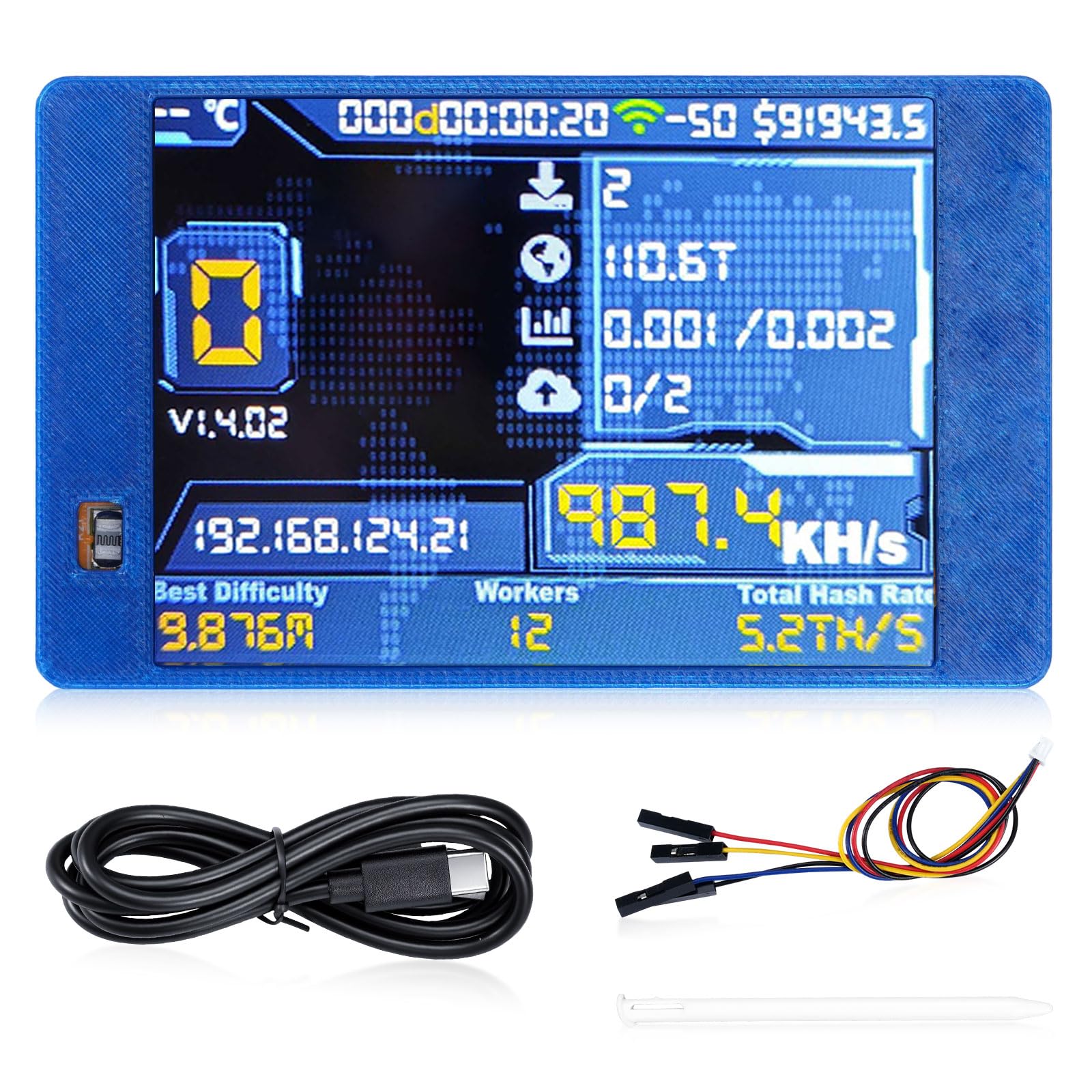 V2 Mining Bitcoin mit Blau Gehäuse, BTC Miner mit 2.8" TFT ESP32 Display,Hashrate 980KH/s BTC Solo Lottery Bitcoin-Miner Crypto Lottery-Miner