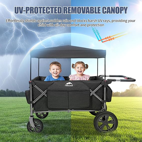 Foldable Wagons for Kids & Cargo(2 Seater or 4 Seater), with 5-Point Harnesses,Adjustable Push/Pull Handle, Removable Sun Canopy, One-Step Locking Design, Suitable for Family Travel