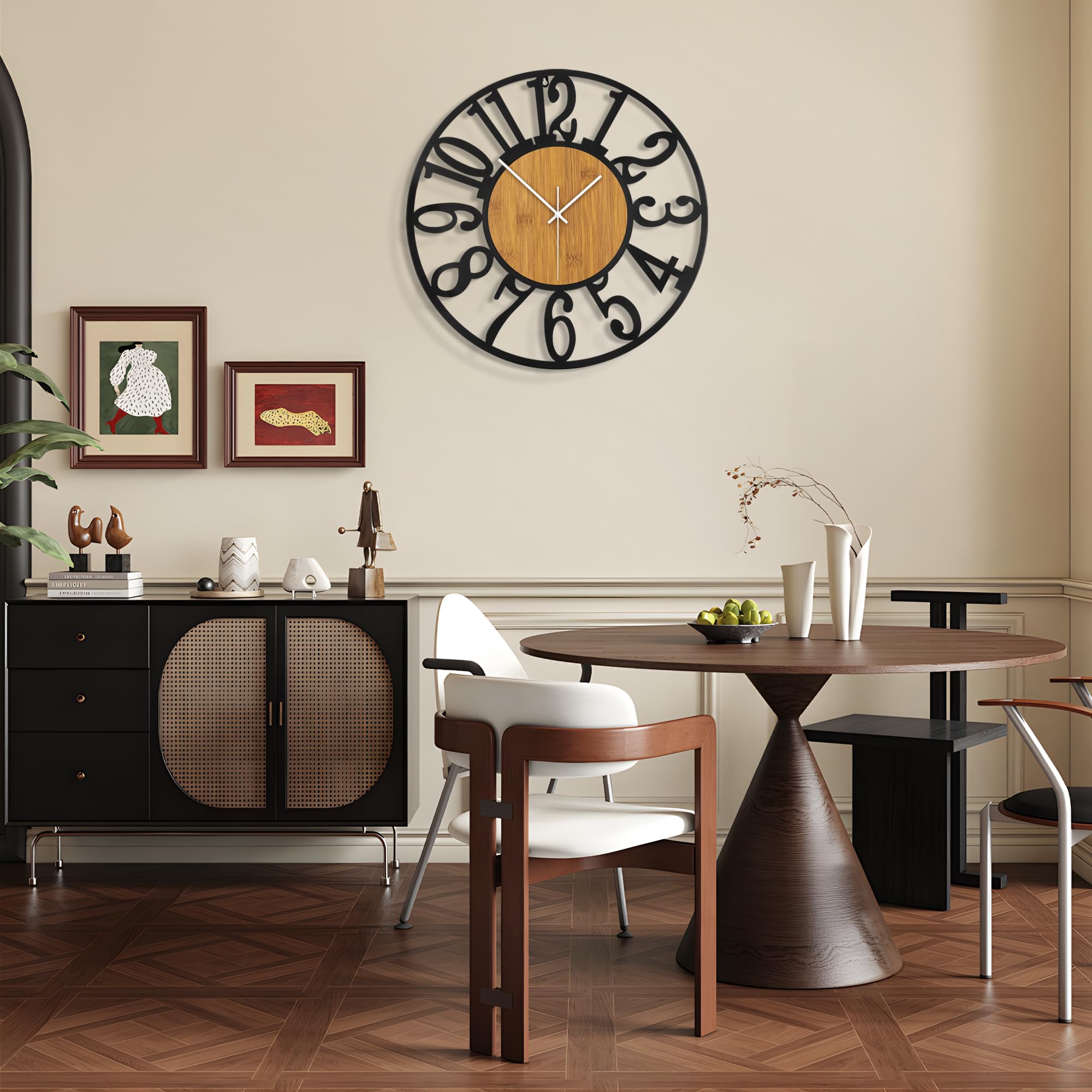 Horloge murale 50 cm silencieuse bois métal noir moderne salon cuisine