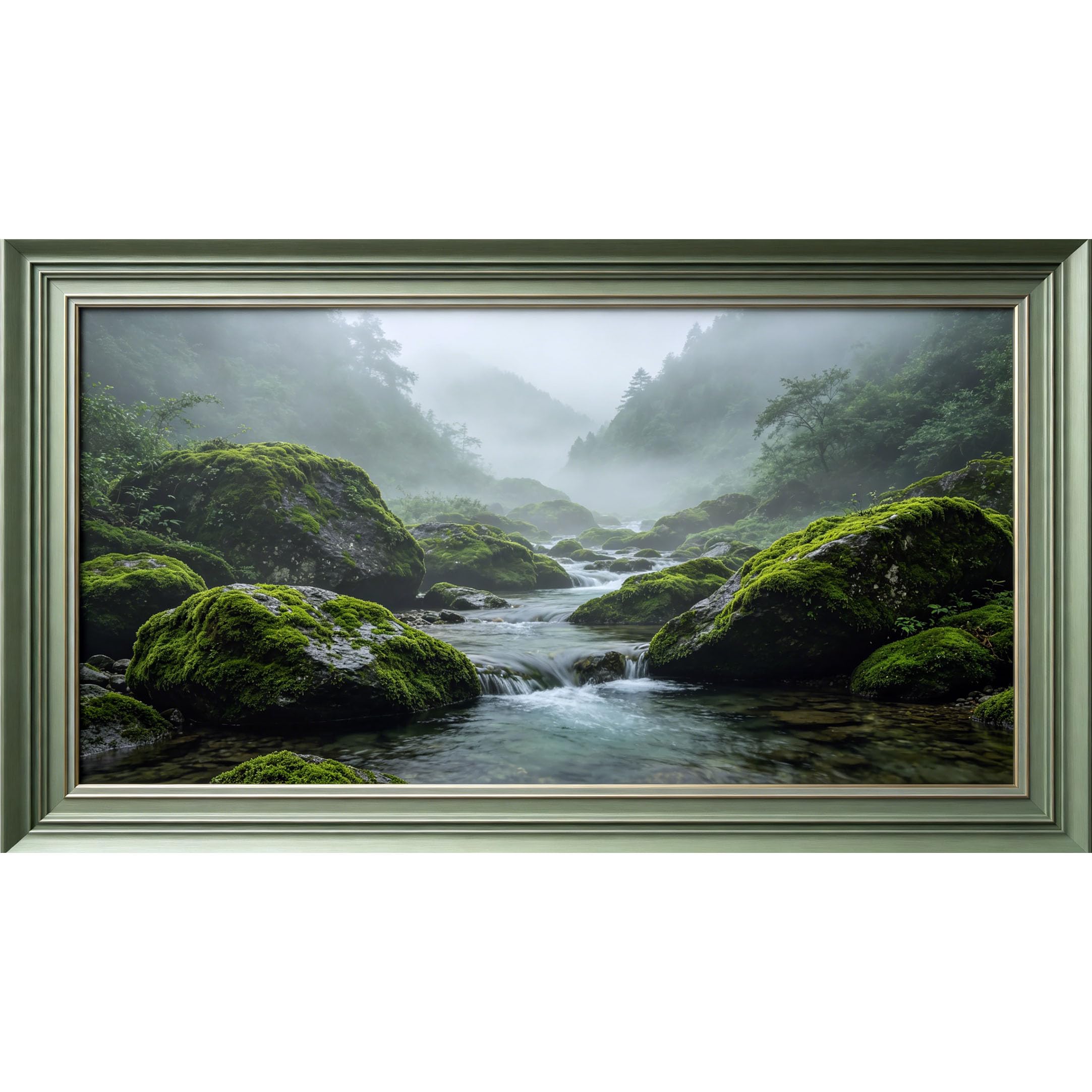 QZLITHOTIC 50×90cm3D Framed Wall Art， Misty Forest River Mossy Rock Landscape Mural， Water?Activated Peel & Stick Fabric Decor Wall Decal for Bedroom Living Room