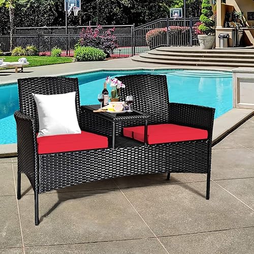 Miniatura 4 de Tangkula Juego de muebles de mimbre para conversación de patio, juego de muebles para exteriores con cojines extraíbles y mesa, parte superior de