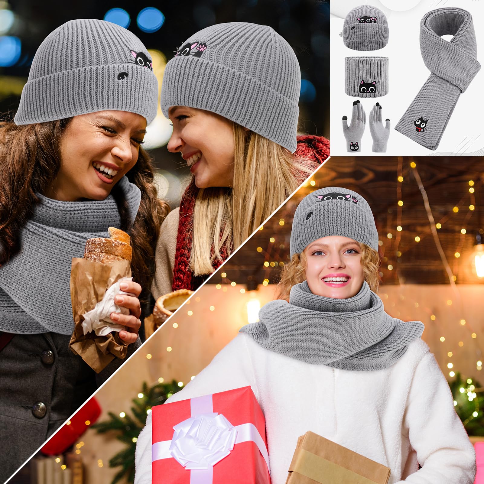 Utensilsto Damen WinterSet(Mütze,Schal,Handschuhe,Stirnband) Süße Warme Katzenmütze Winterschal Geschenkset für Katzenliebhaber Frauen Mädchen