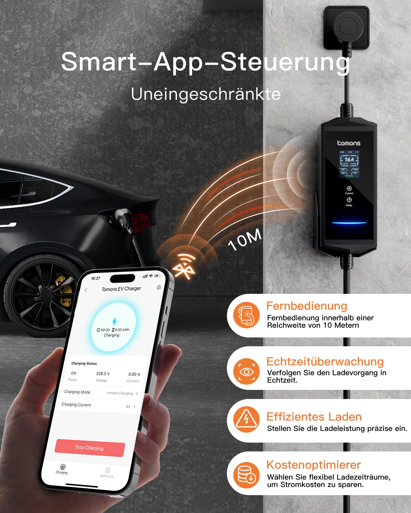 tomons Type 2 Ladekabel Schuko mit APP, Mobile Wallbox 3,68 kW 6M Einphasig 16A, 2,4" LCD-Anzeige IP65,Einstellbarer Ladeleistung&startzeit,für e Auto ID.3/4/5/7,Model Y/3,ENYAQ und Anderen PHEV/EV