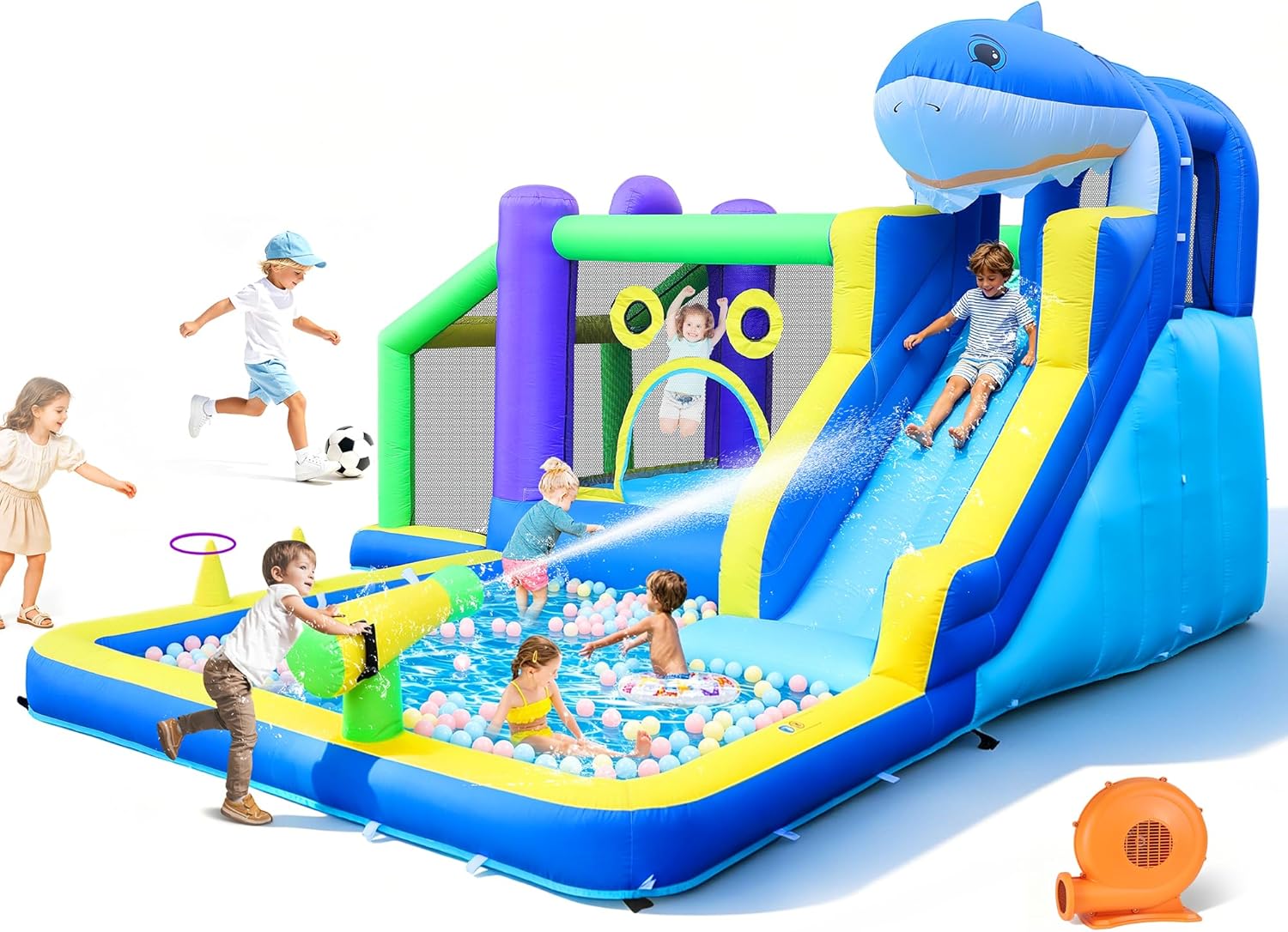 Inflatable Water Slide, 10-in-1 Bounce House with Jumping Area, Splash Pool, Climbing Wall, 13.3x11.3FT Heavy Duty Bouncy Castle for Kids, Outdoor Shark Themed Blow Up Water Park