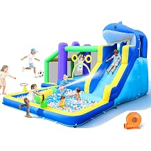 Inflatable Water Slide, 10-in-1 Bounce House with Jumping Area, Splash Pool, Climbing Wall, 13.3x11.3FT Heavy Duty Bouncy Castle for Kids, Outdoor Shark Themed Blow Up Water Park