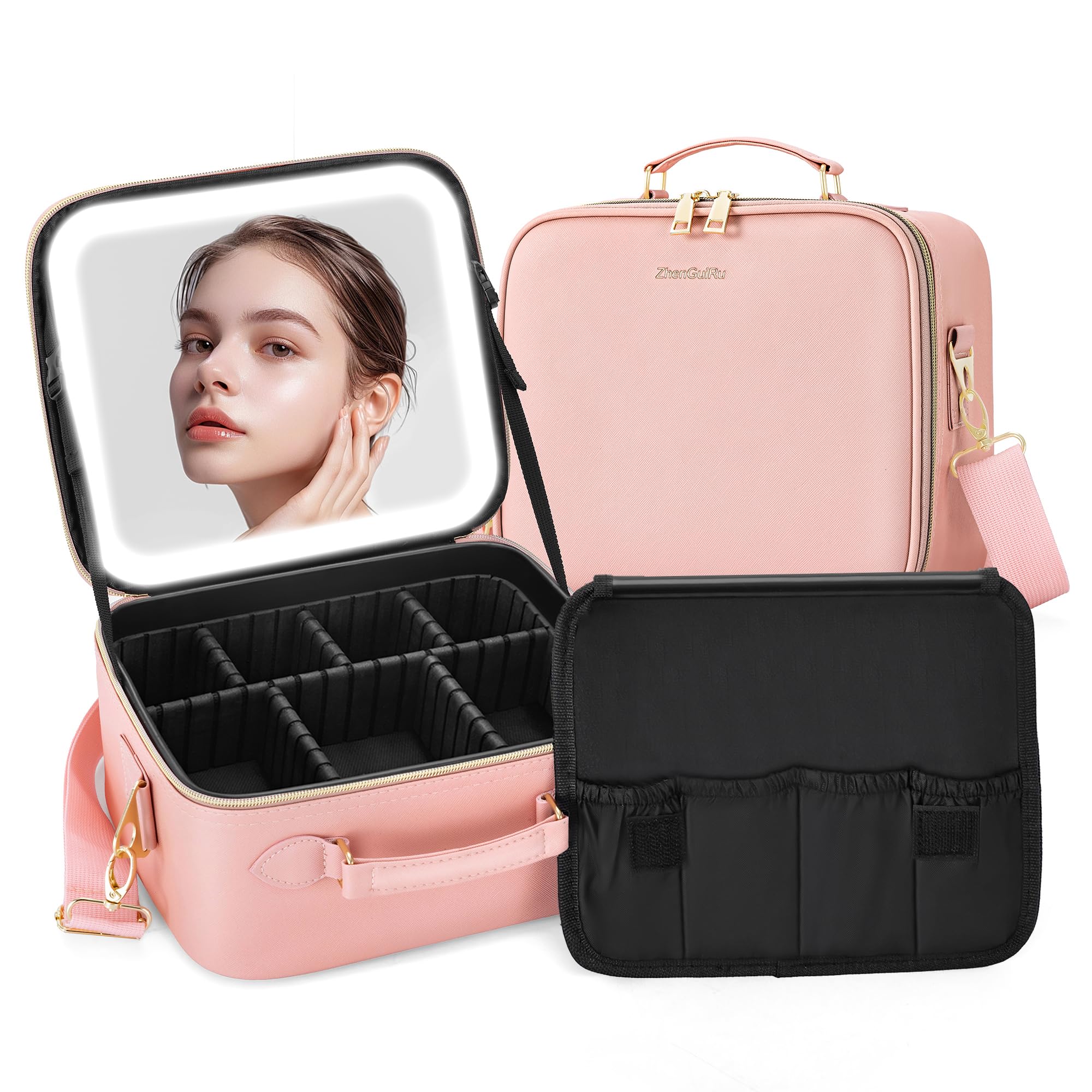 ZhenGuiRu Travel Makeup Bag Cosmetic Organizer Bag with Lighted Mirror, Waterproof Makeup Bag with Light Up Mirror, Travel Makeup Case for Cosmetic
