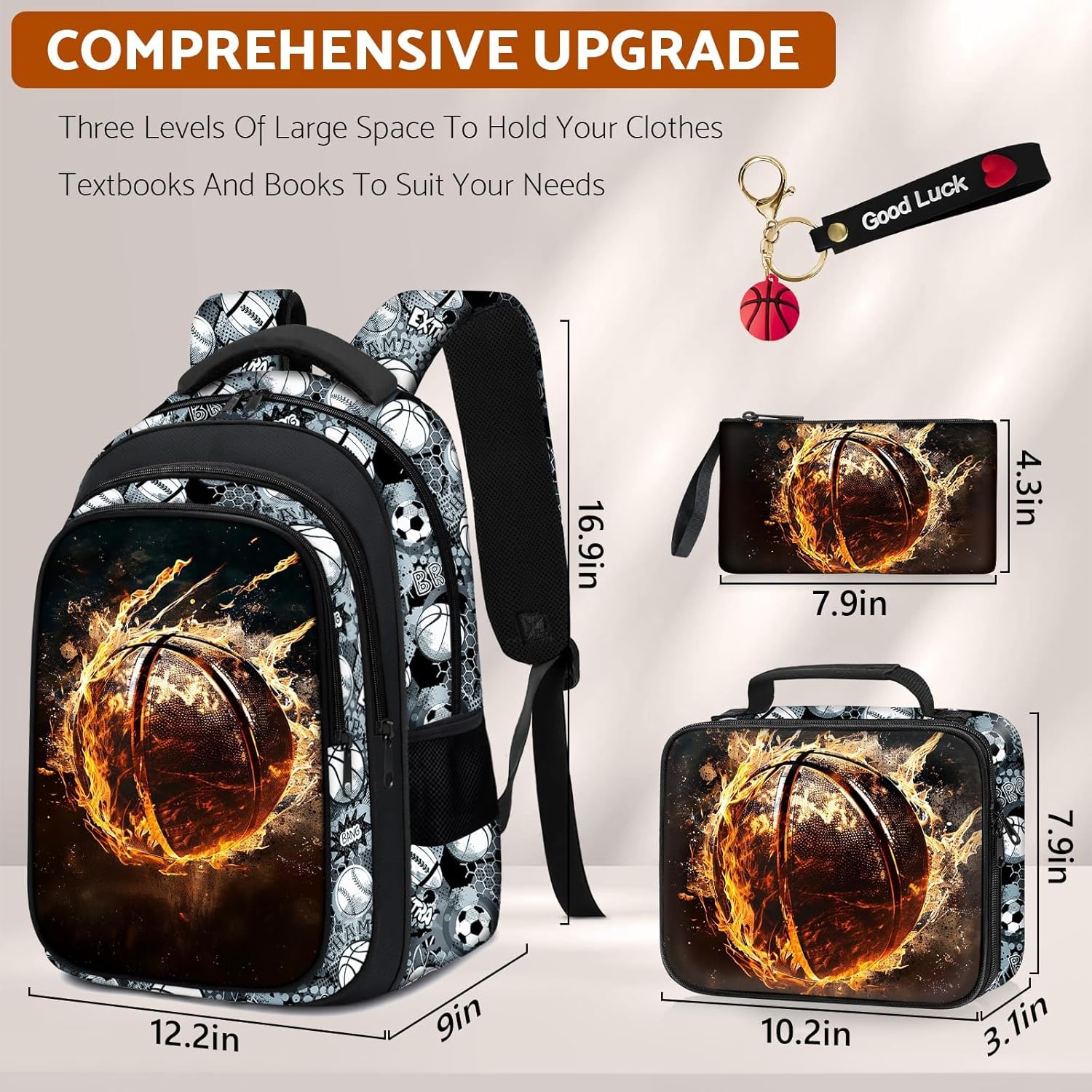 School Backpack for Boys - 4pcs Basketball Boys Backpack with Lunch Box Set for Kids Children Teens Elementary Middle School - 17″ Sport Bookbag Travel Back Pack for Age 6-18 - Image 6