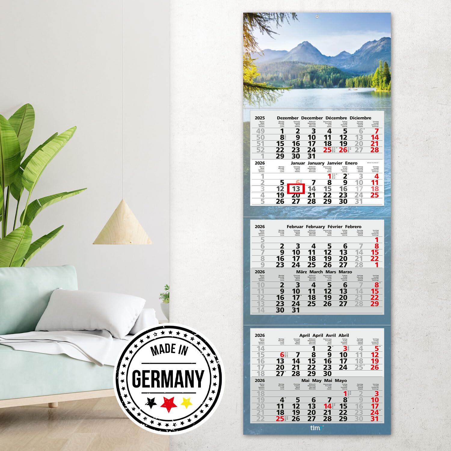 Zettler 5-Monatskalender 2026 – Wandkalender 33 × 72 cm mit Datumsschieber, 5 Monate pro Blatt, Monatsübersicht Dez. 2025–Jan. 2027, mehrsprachig, Feiertage markiert, Jahresübersicht, stabil