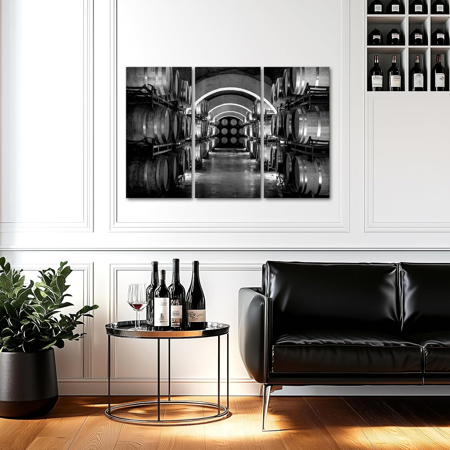 VANSEEING 3 Piece Black and White Whiskey Cellar Wall Art Canvas Prints Wooden Barrels Pictures Painting Retro Vintage Wall Decor for Home Kichen Restaurant Decor Ready to Hang 16"x32"x3