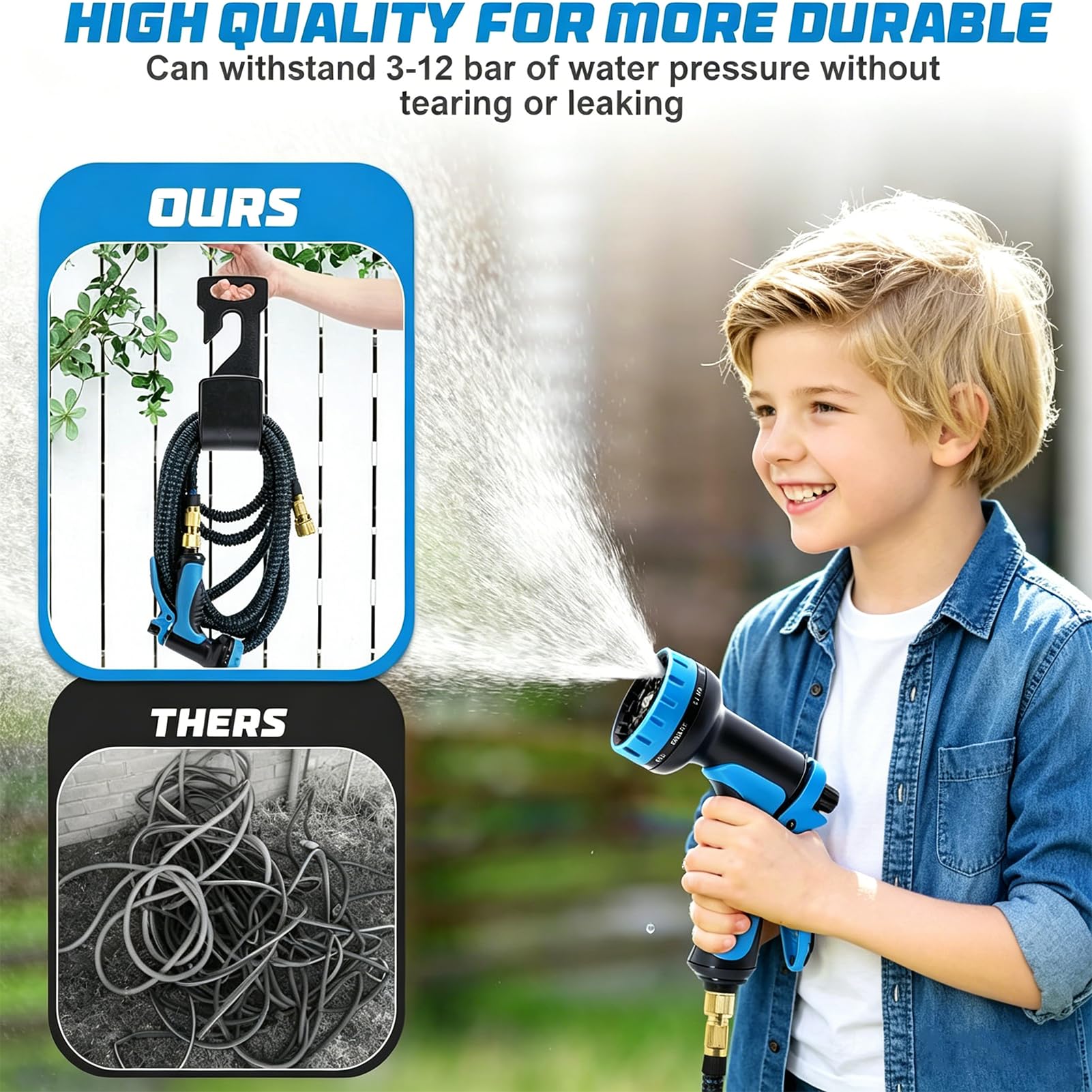 Tubo flessibile da giardino espandibile, 5 in 1, con pistola ad acqua in metallo ad alta pressione, lattice a 4 strati e raccordo in ottone massiccio da 1,9 cm, resistente per giardinaggio, lavaggio