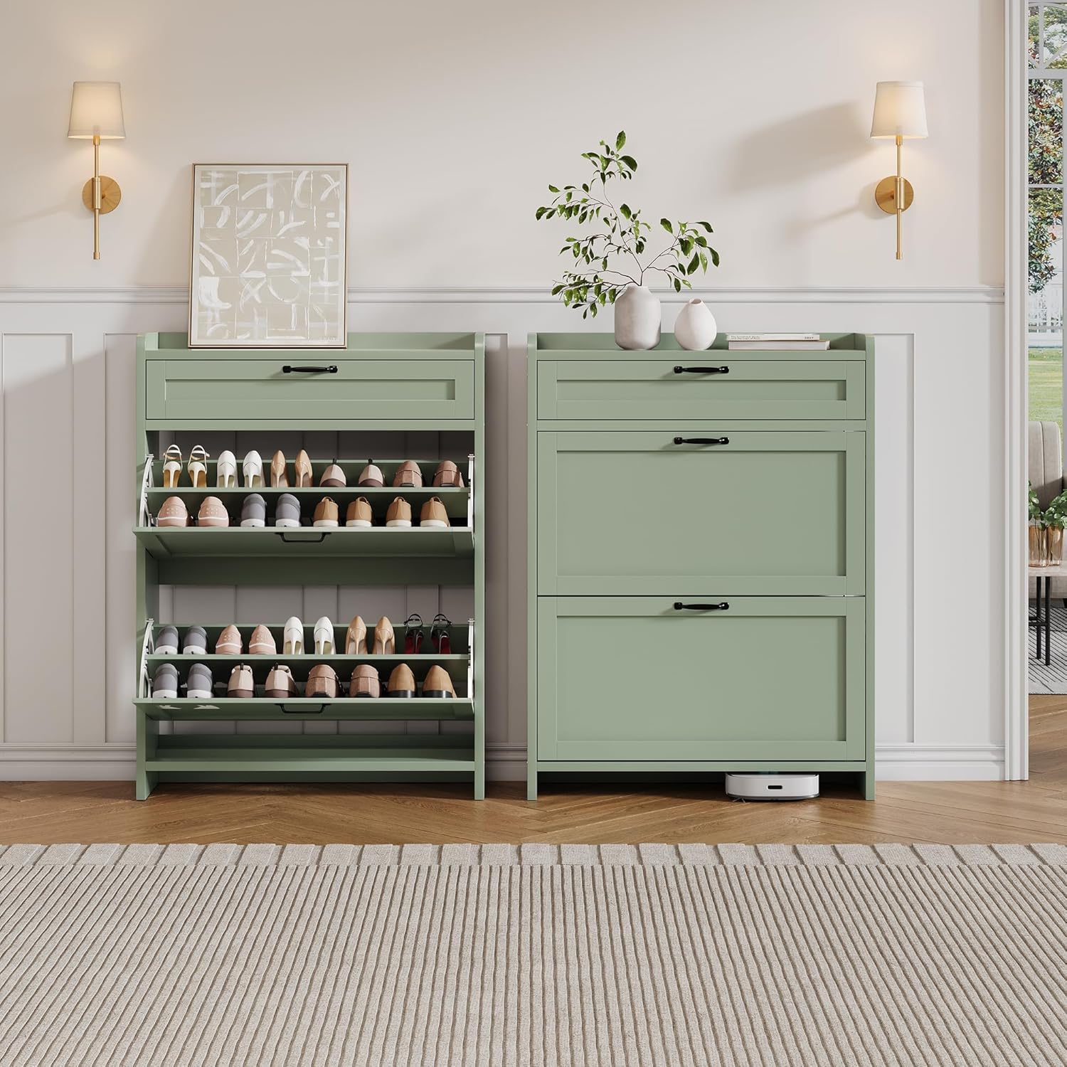 IDEALHOUSE Shoe Cabinet with 2 Flip Drawers & 1 Top Drawer, High-Gloss Painted Wood Shoe Organizer with Adjustable Shelves, Freestanding Hidden Shoe Storage Cabinet for Entryway Hallway Living Room