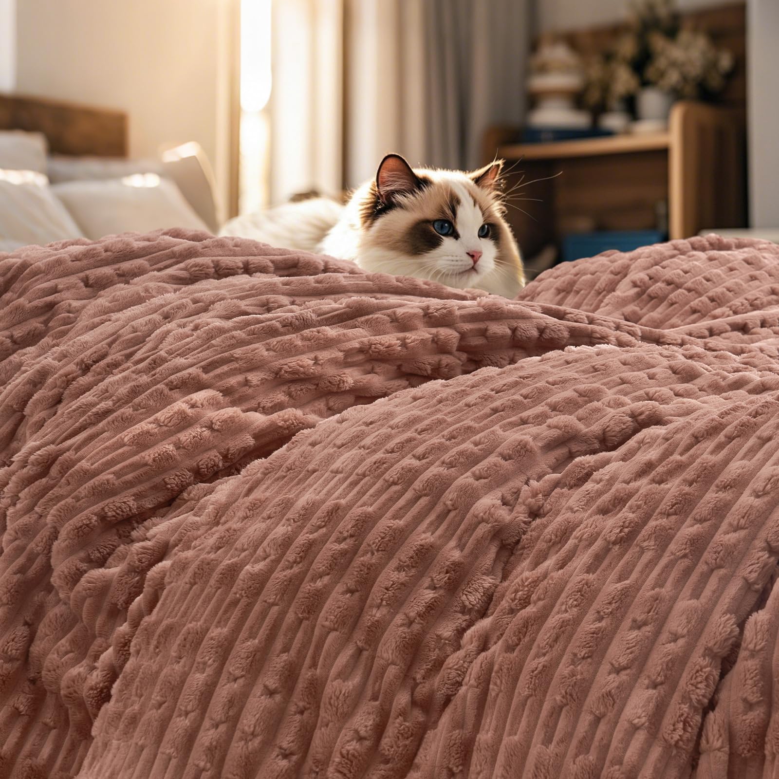 phf ultra soft flannel fleece blanket queen size, lightweight 3d jacquard fleece blanket, no shedding, no pilling, luxury 340gsm aesthetic fluffy cozy for bed room decor, 90"x90", mocha mousse