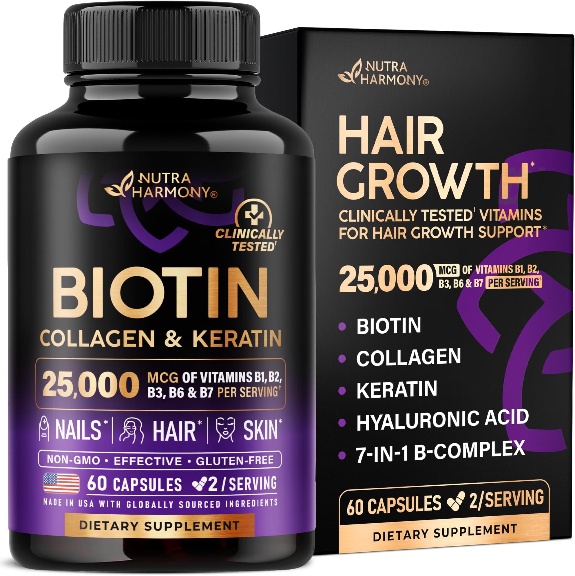 Biotin | Collagen | Keratin | Hyaluronic Acid - Hair Growth Support Supplement | Skin & Nails Beauty Complex 25000 mcg - B1 | B2 | B3 | B6 | B7 - Made in USA - For Women & Men | 60 Capsules