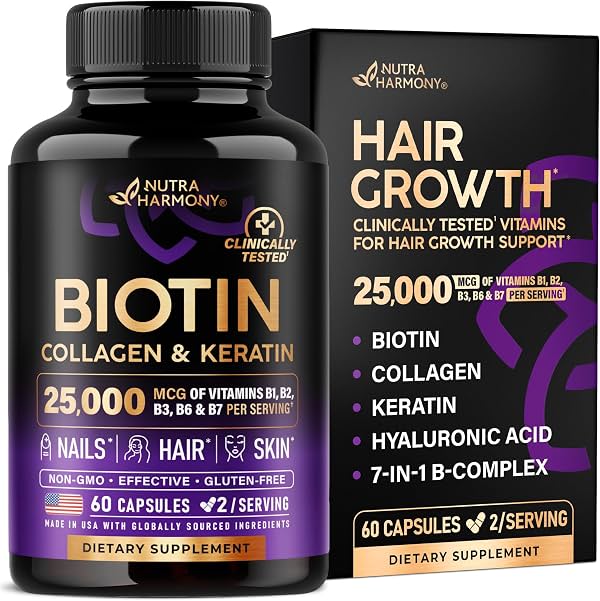 Biotina, colágeno, ácido hialurónico y queratina - apoyo para el crecimiento del cabello - 60 cápsulas | vitaminas para cabello, piel y uñas - suplemento clínicamente probado para hombres y mujeres - 25000 mcg de vitaminas B1, B2, B3, B6 y B7, 60 cápsulas (Paquete de 1)