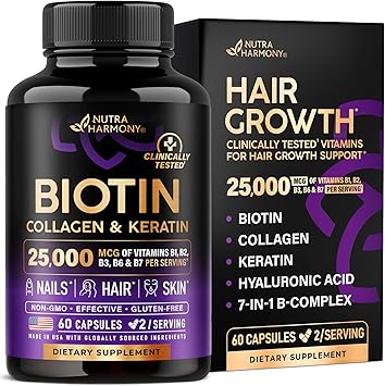 Biotin | Collagen | Hyaluronic Acid | Keratin - Hair Growth & Strength Support Vitamins - Skin & Nails Supplement - Clinically Tested for Men & Women - 25000mcg Vitamins B1, B2, B3, B6 & B7 - 60 Caps