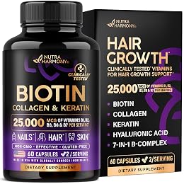 Biotin | Collagen | Hyaluronic Acid | Keratin - Hair Growth & Strength Support Vitamins - Skin & Nails Supplement - Clinically Tested for Men & Women - 25000mcg Vitamins B1, B2, B3, B6 & B7 - 60 Caps
