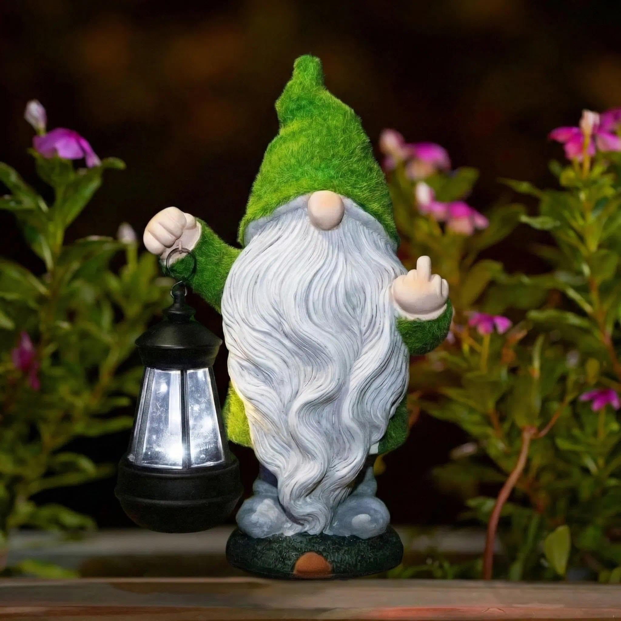 Flocked Garden Outdoor Gnome Statues Decor with Solar Lights, Large Funny Gnome Garden Figurines for Outside Patio Yard Lawn House Farmhouse Sculptures Decorations Gifts, White
