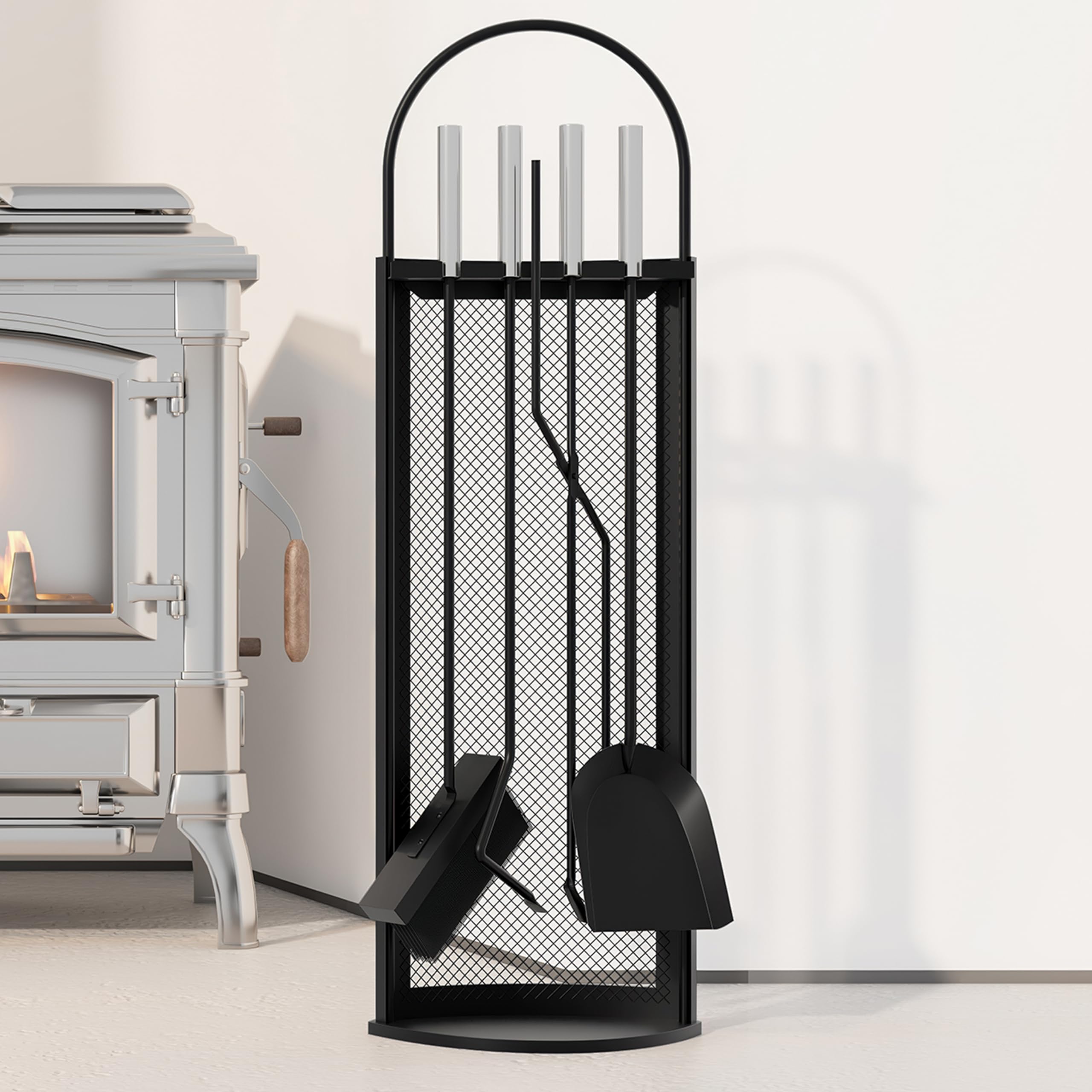 Kingson Set da Camino in 5 Pezzi con Manici in Acciaio INOX 22x16x67cm, Elegante e Resistente Kit di Accessori per Camino Nero