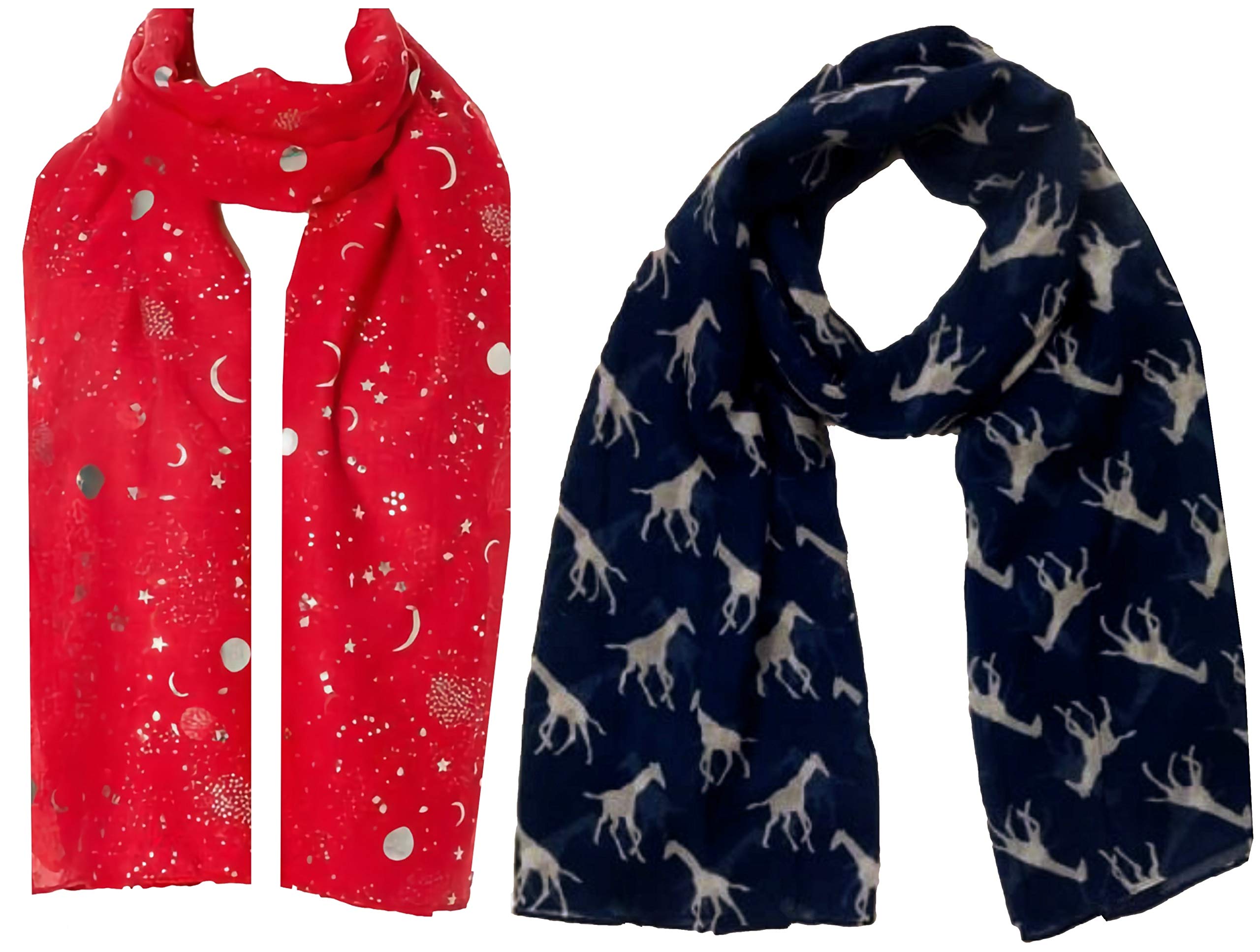 World Of Shawls Women's Moon Light Red & Giraffe Dark Navy Christmas Bonanza Pack Of 2 Scarves Wrap Shawl Scarf For (, 2)