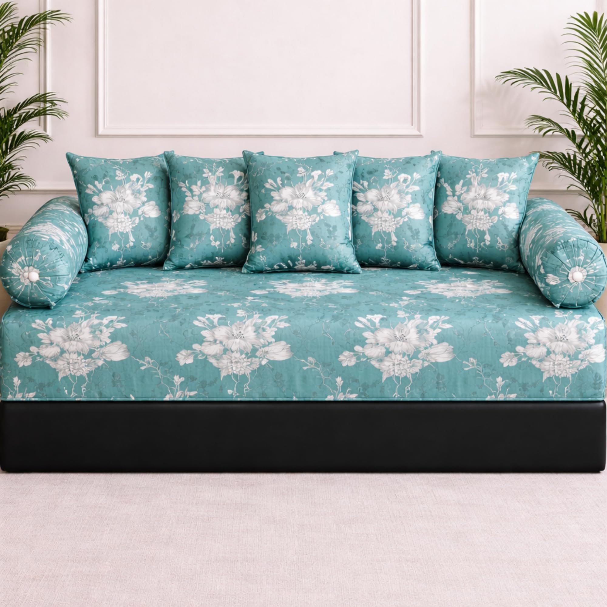 Soft Cotton 8-Piece Diwan Set - 1 Single Bedsheet (60x90 in) with 5 Cushion Covers (16x16) and 2 Bolster Covers (16x32) - Floral Printed Decorative Bedspread for Living Room – Teal-image-18