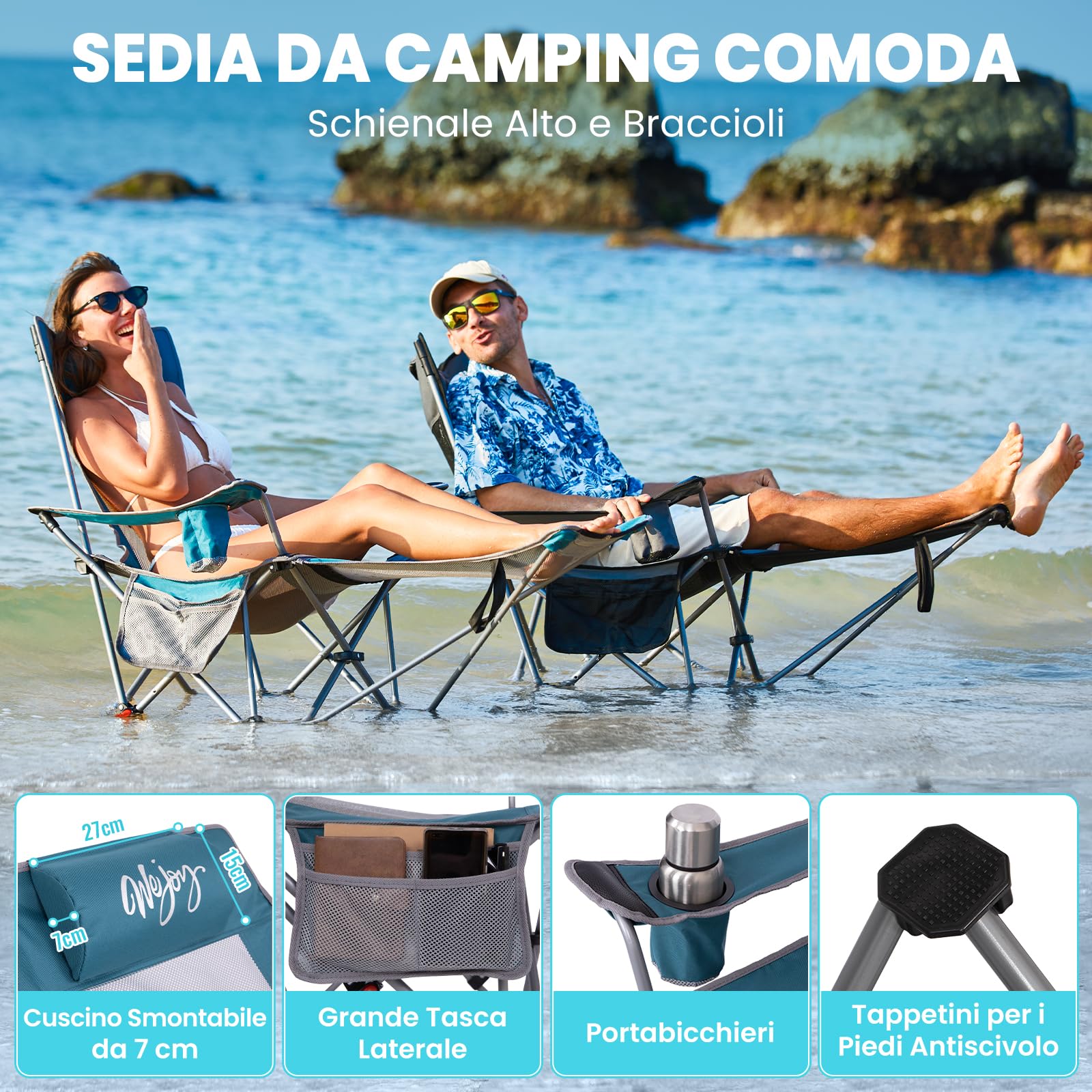#WEJOY Sedia da campeggio pieghevole 2 in 1, 180 kg, con poggiapiedi, sedia da spiaggia con schienale regolabile in 4 posizioni, sedia a sdraio, sedia a sdraio con supporto per bevande, sedia da