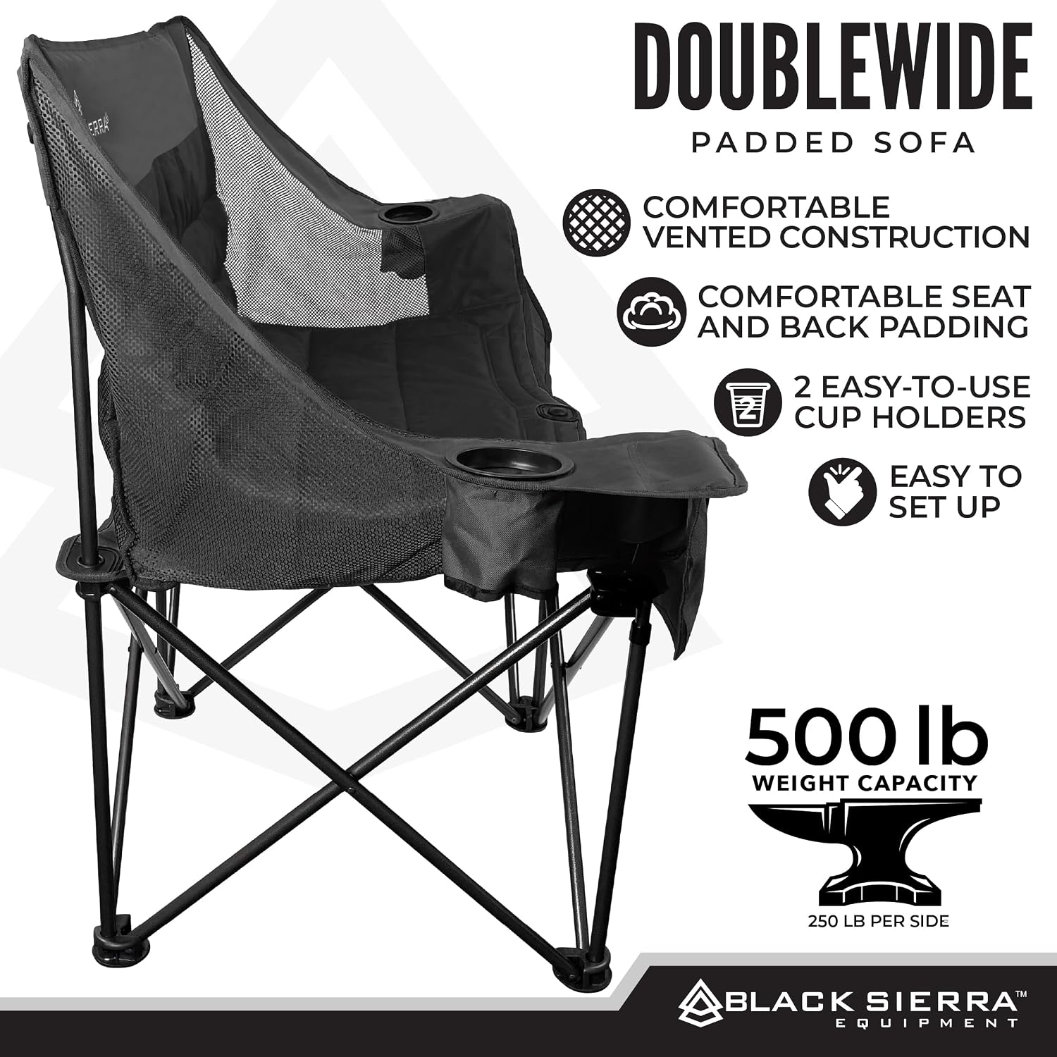 Black Sierra Double Camping Chair, Padded Oversized Loveseat, 2 Person Folding Seat Supports 500 lbs, Portable Outdoor Sofa for Beach, Tailgating, RV, Sports, Patio