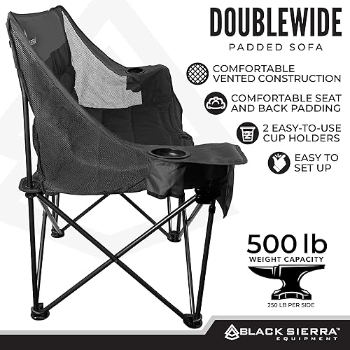Miniatura 4 de Black Sierra - Silla de campamento plegable doble acolchada, sofá de campamento plegable de gran tamaño, sofá biplaza portátil para exteriores
