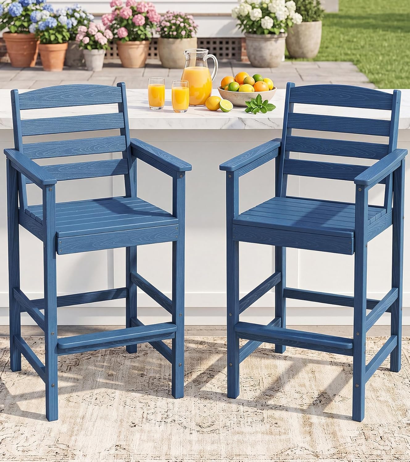 SERWALL Tall Adirondack Chairs Set of 2, Balcony Adirondack Chairs Set, Outdoor Bar Height Widened Chair Set for Bistro, Poolside, Garden, Blue