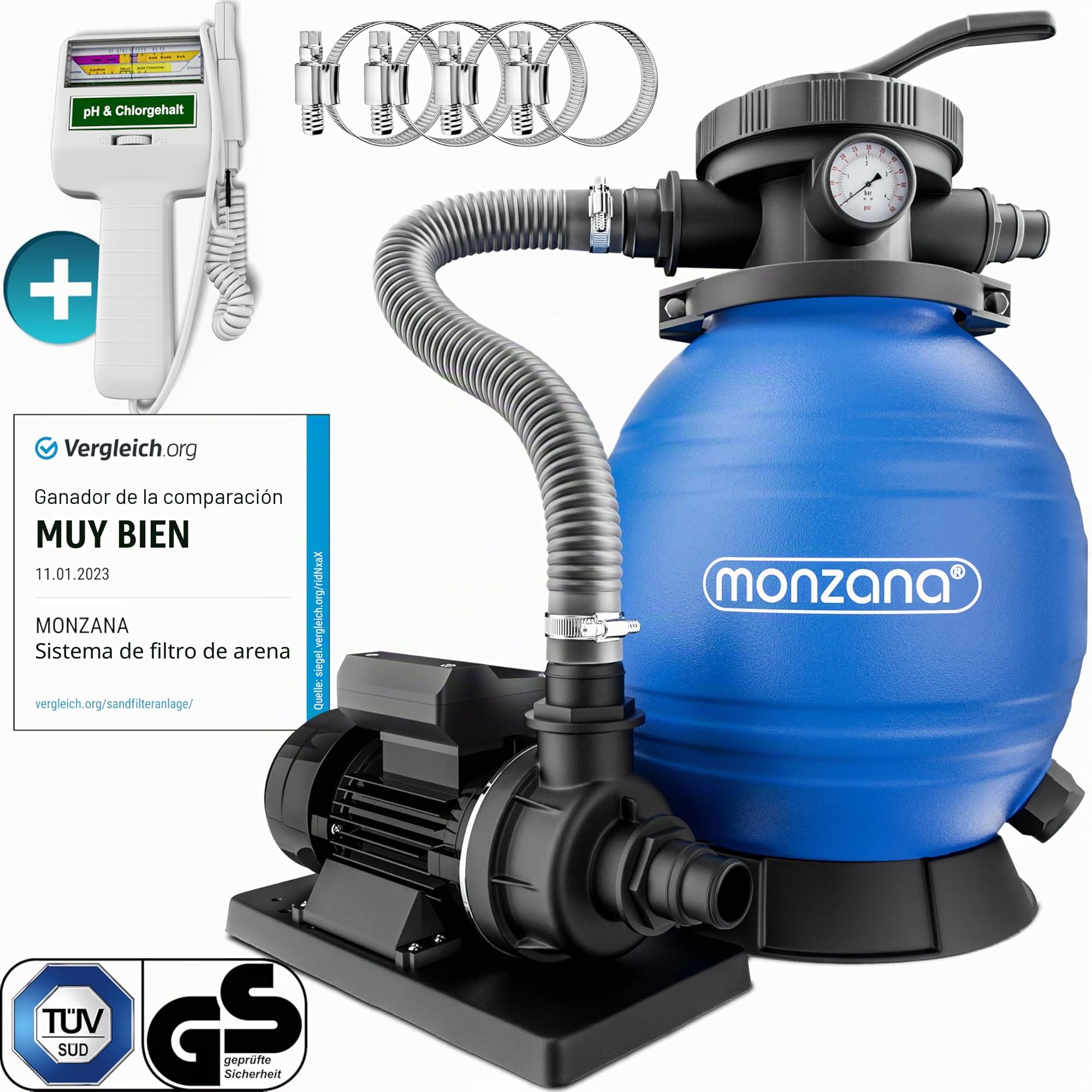 MONZANA® Depuradora Piscina 10.200L/h Filtro de Arena Autocebante Válvula 7 Funciones Filtrado 450W Adaptador Ø32-38mm incl. Medidor Cloro y PH Bomba Indicador de Presión