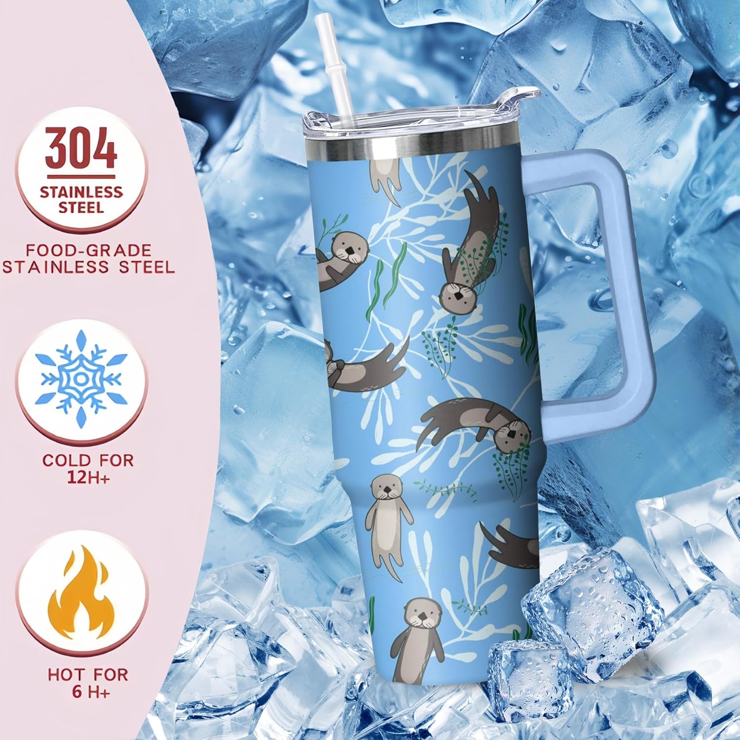 30 oz Sea Otter Tumbler with Handle and Straw, Insulated Stainless Steel Cup with Lid, Travel Coffee Mug Water Bottle, Gifts for Woman Animal Lovers - Image 4