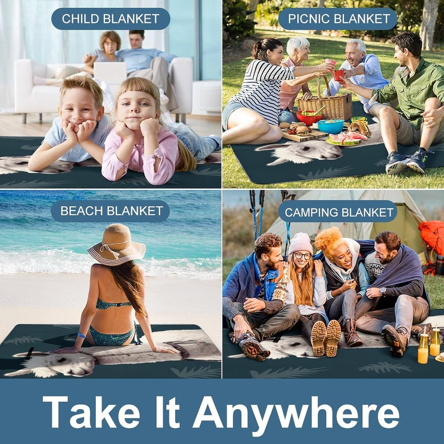 Alpaca Llama Waterproof Picnic Blanket 58.3''x58.3'',Portable and Foldable Picnic Mat with Handle,Outdoor Blankets for Lawn Park Beach Travel