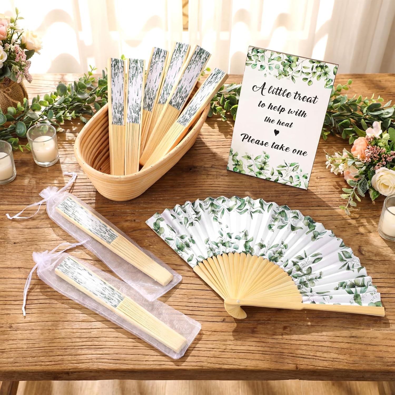 Leinuosen 51 Pcs Wedding Favors for Guests Bulk 25 Wedding Foldable Hand Fans Eucalyptus Leaves Handheld Paper Fans with 25 Organza Bags and a Table Sign for Bridal Shower Favor Appreciation