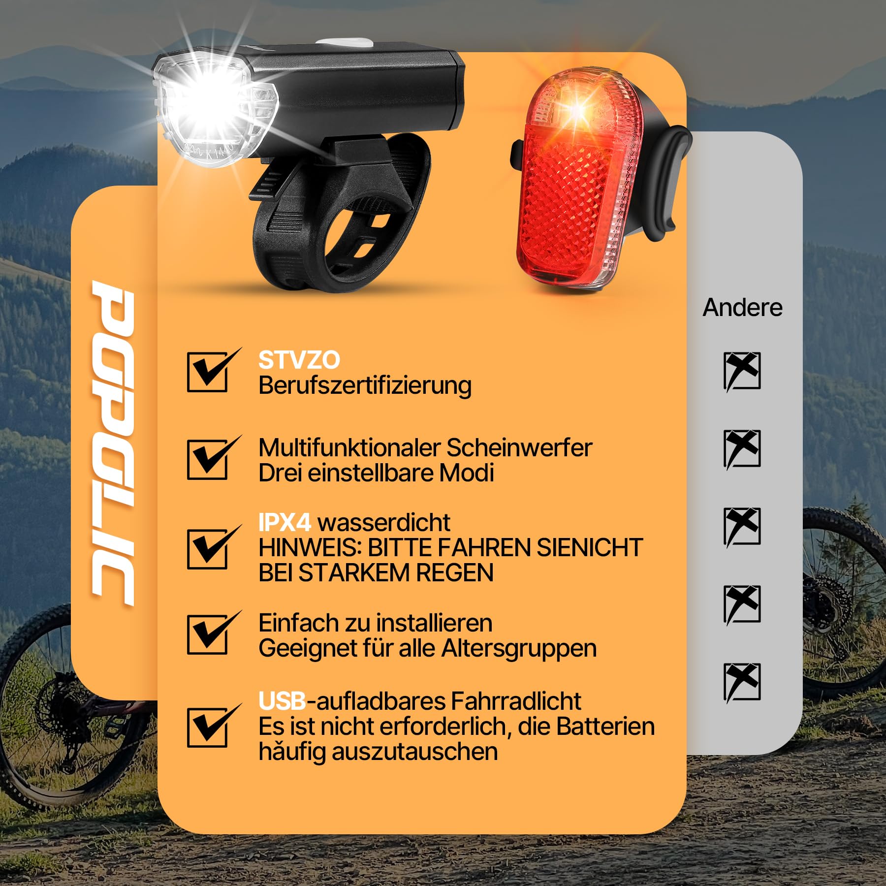 éclairage VTT Nuit Lampe Vélo USB Rechargeable Fulenyi - Phare Avant/Arrière Étanche IPX5, 3 Modes, 150 Lumens | Pour VTT, Route, Nuit Accessoire VTT étanche