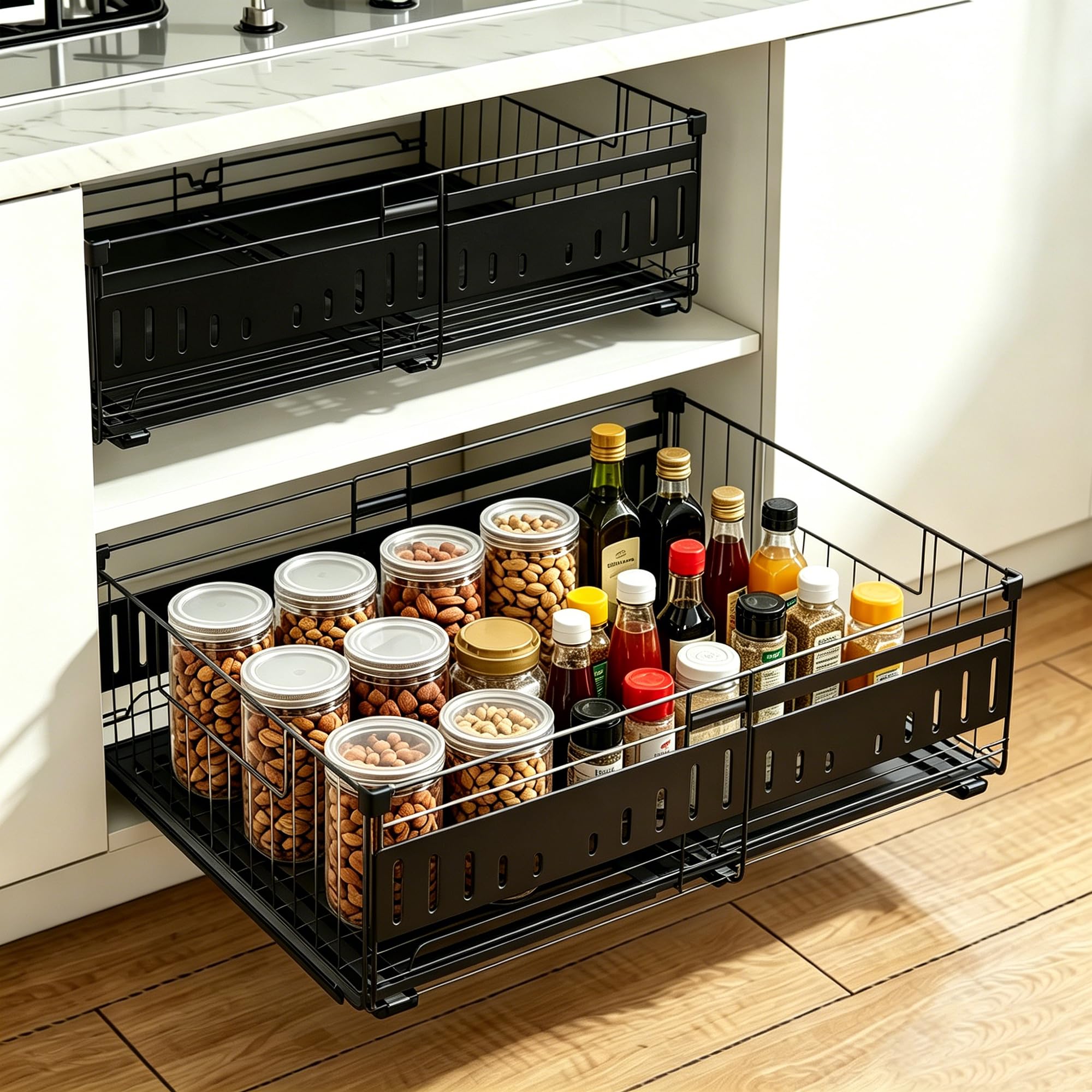 Organizer pour placard de cuisine réglable en largeur noir