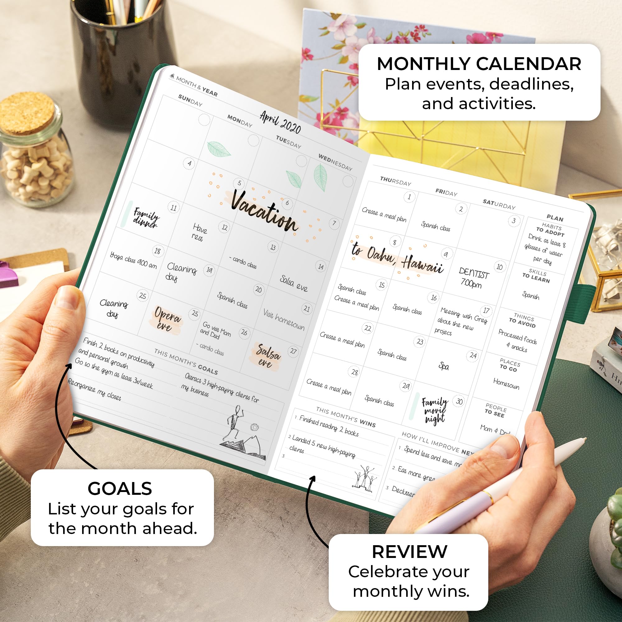 Clever Fox Planner Daily Premium – Agenda giornaliera senza data, con orario, organizzatore personale, diario della produttività, 6 mesi (verde foresta)