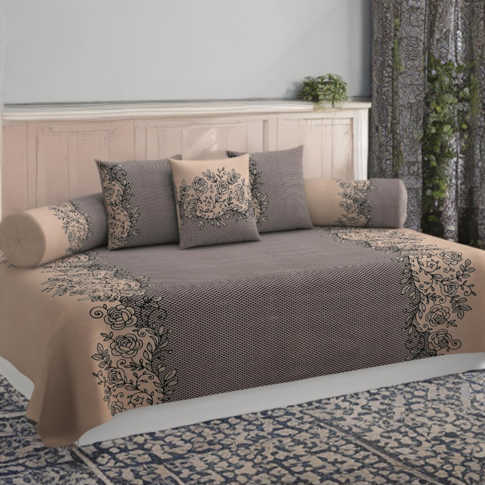 280 TC Cotton Blended Printed Diwan Cover Set with 2 Bolster Covers and 3 Cushion Covers (Pack of 6)| Glace Cotton Diwan Bedsheet Set Brown and Beige Color 21-image-26