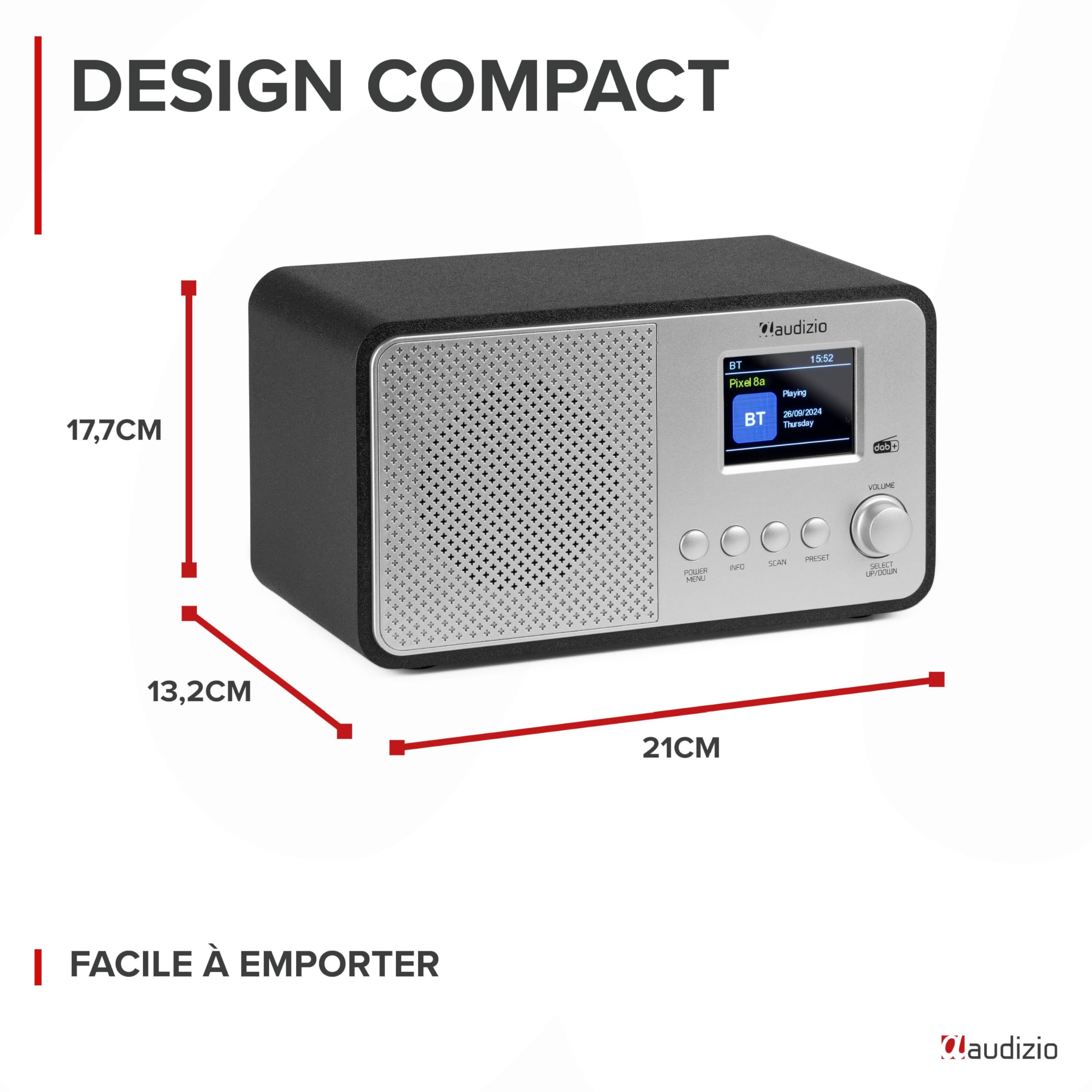 Audizio Avio Radio Dab+ Bluetooth 5.0 - Aluminium, 20 Stations Enregistrables, Écran Couleur 2,4", Haut-Parleur Intégré, Port USB, Idéale pour Écouter la Radio à la Maison