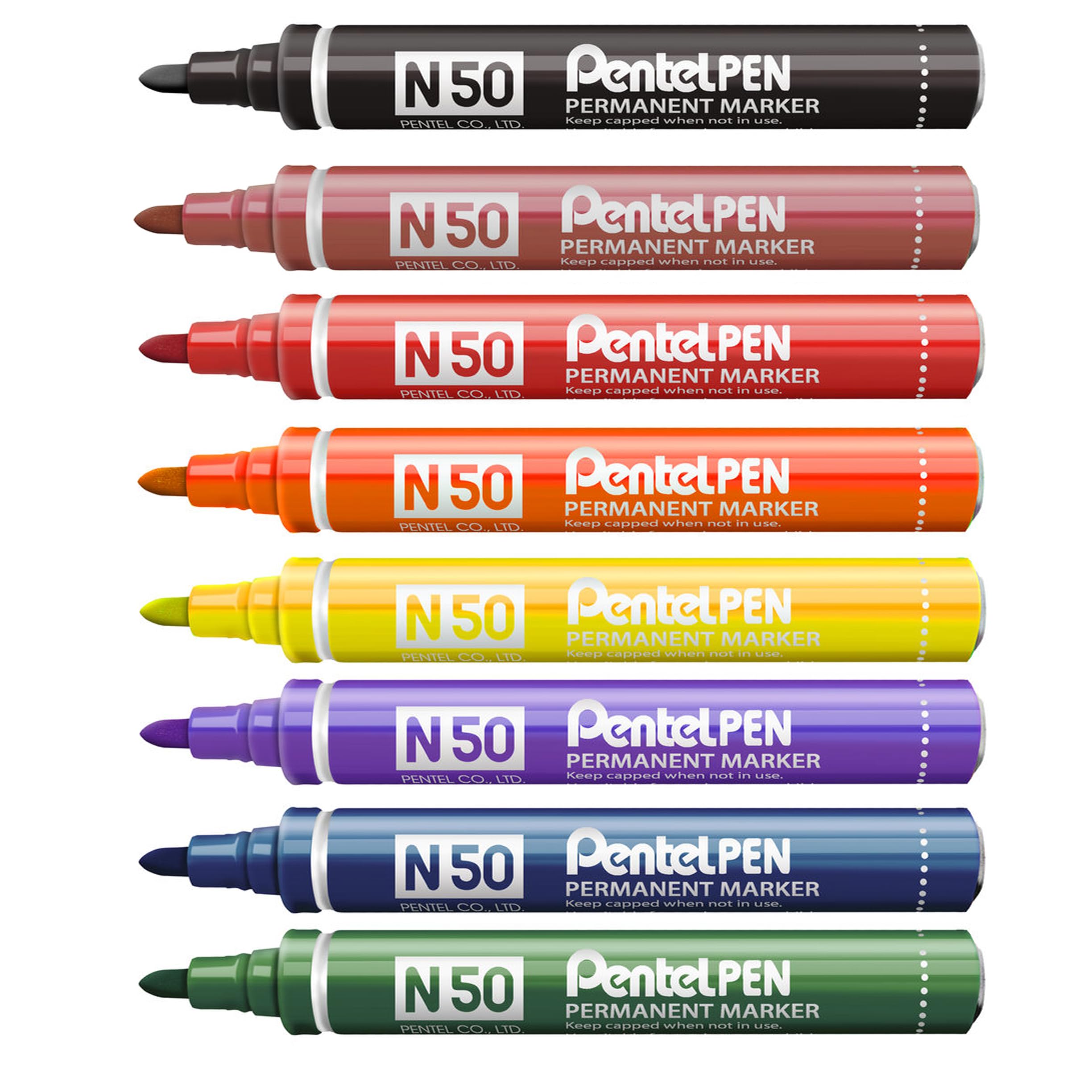 Pentel N50 Permanent Marker Pen - Bullet Nib - 1 of Each Colour - Pack of 8