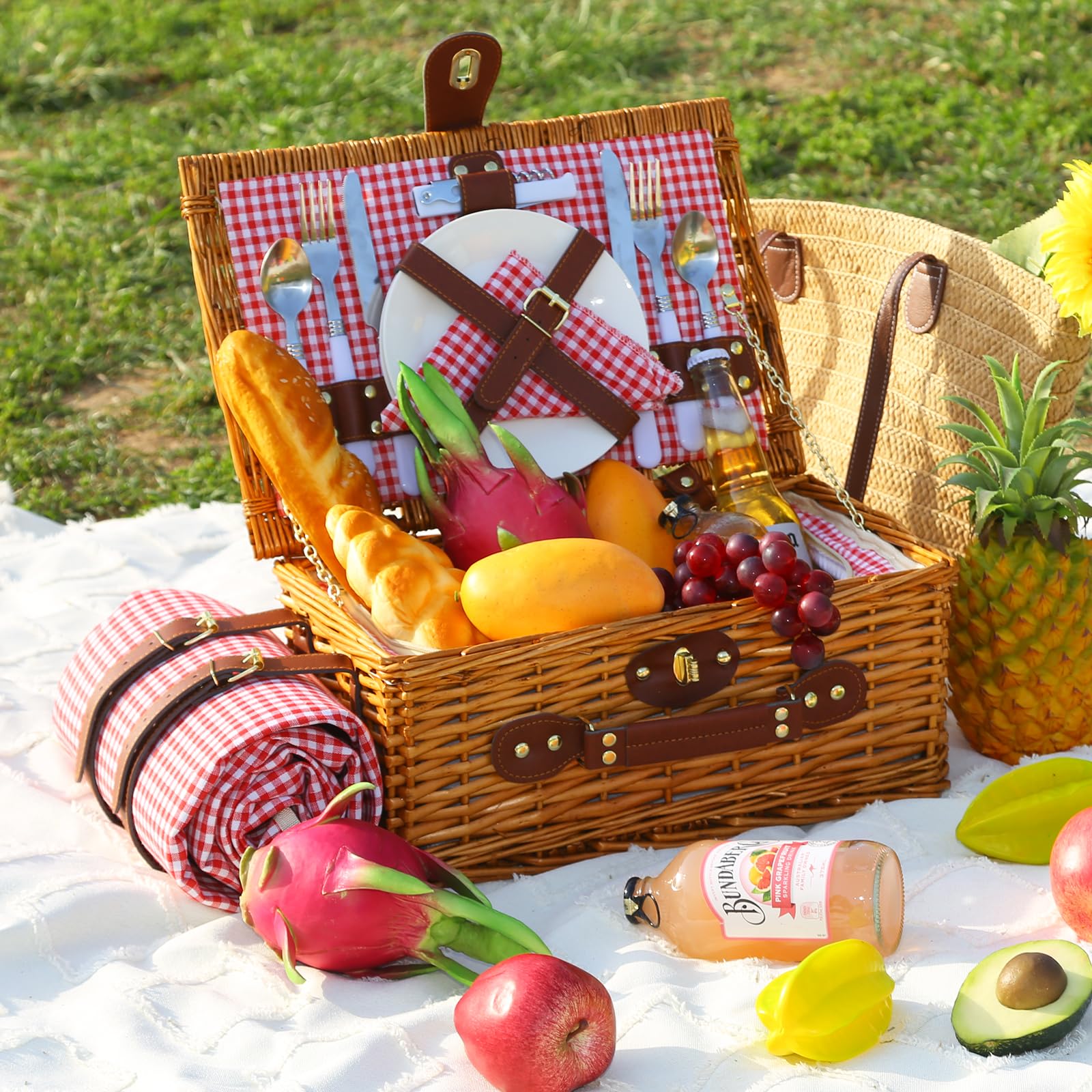 Panier de pique-nique pour 2 personnes, avec compartiment isotherme et couverture de pique-nique imperméable, sangle amovible, sac à vin, couverts, pour le camping, la plage, la randonnée, le