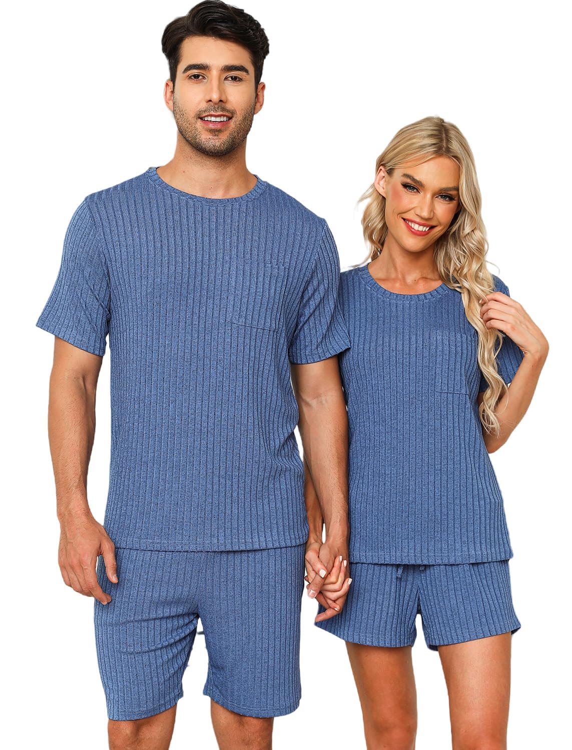 SPKPKEY Matching Pajamas for Couples Ribbed Knit Lounge Set Soft Short Sleeve 2 Pieces Sleepwear S-XXL