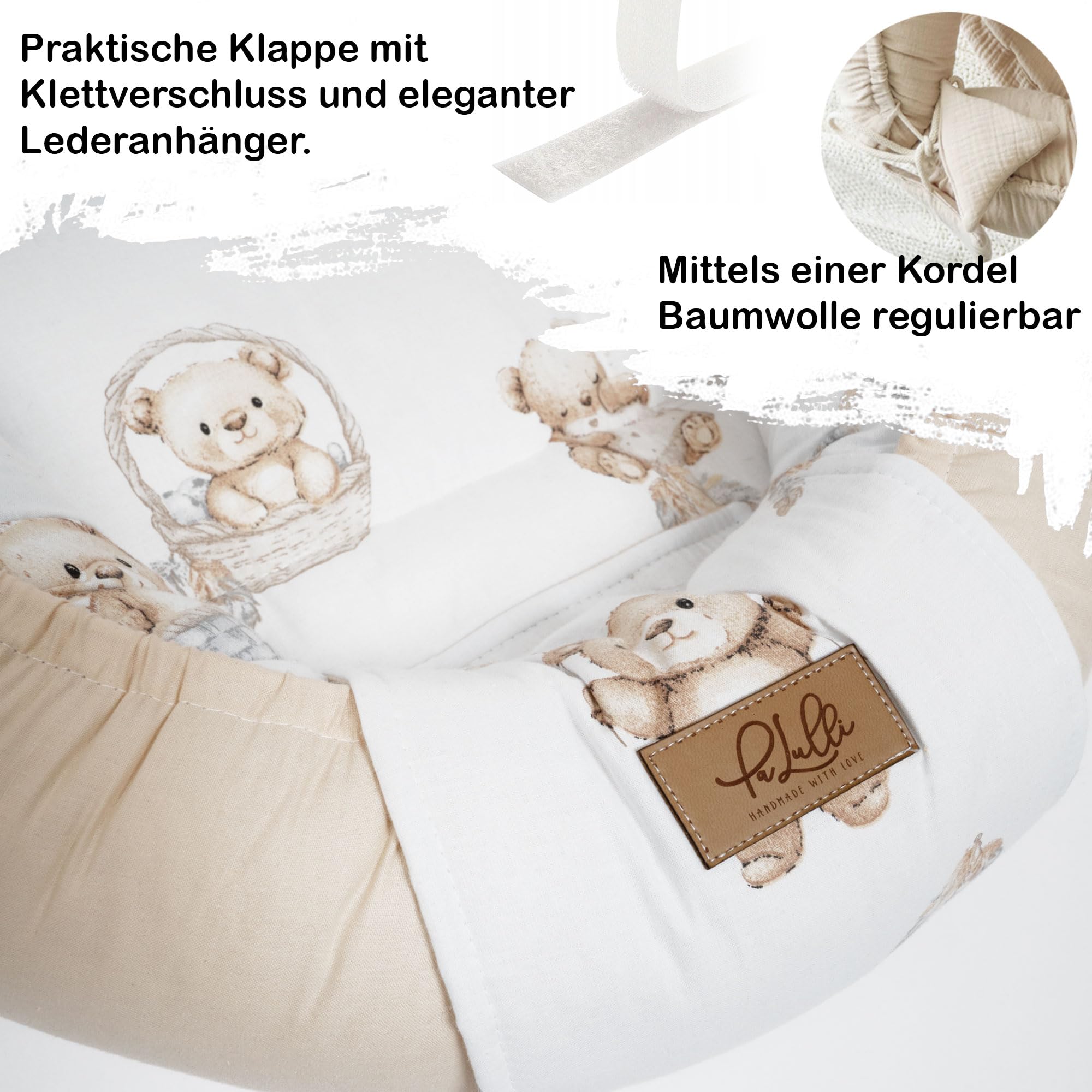 PaLulli® Nido de bebé extra grande 100x60 cm de algodón | Nido de osos suave de dos lados para bebés | Hecho a mano, transpirable y seguro (Oso Beige)