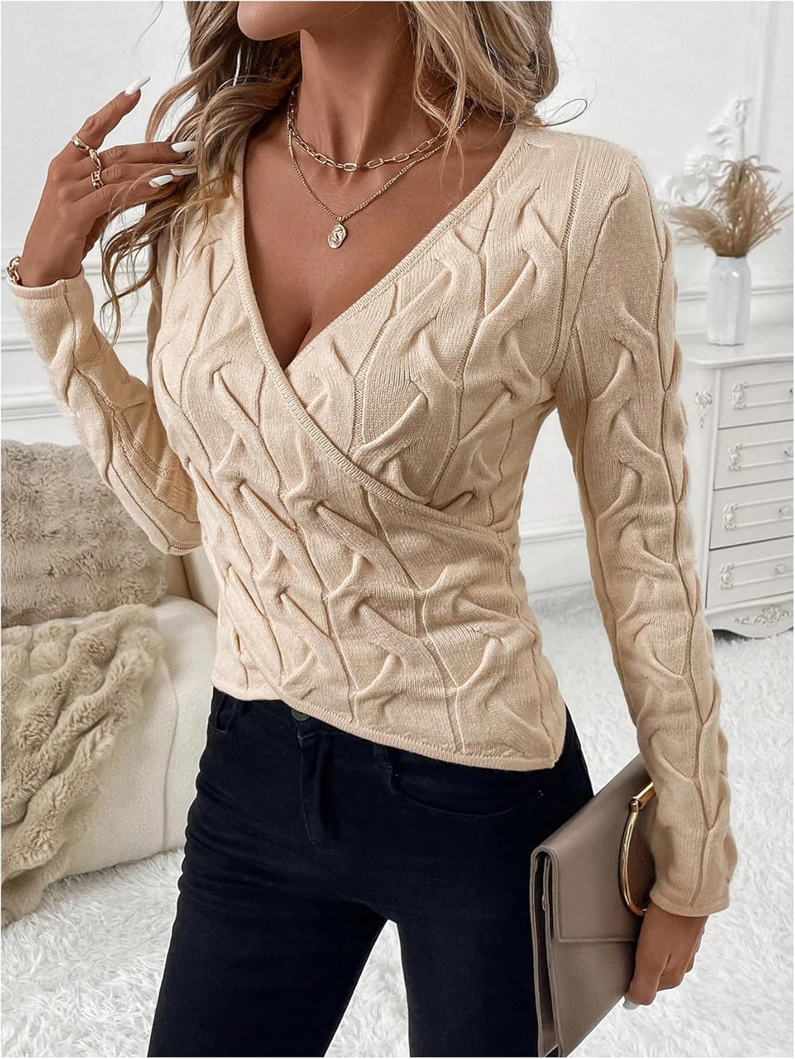 SOLY HUX Women's V Neck Sweater Long Sleeve Criss Cross Wrap Cable Knit Pullover Fall Jumper Tops